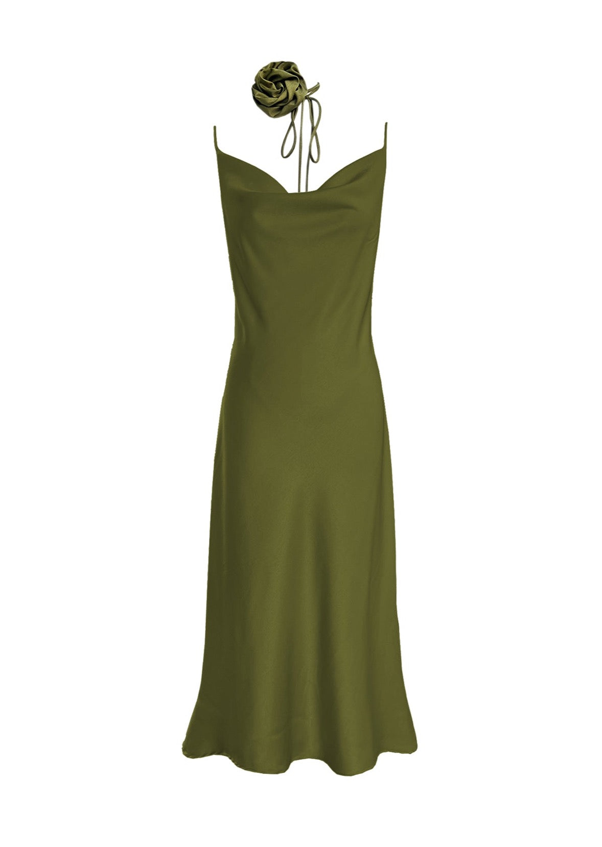 DESIREE COWL NECK BIAS SLIP DRESS IN OLIVE GREEN