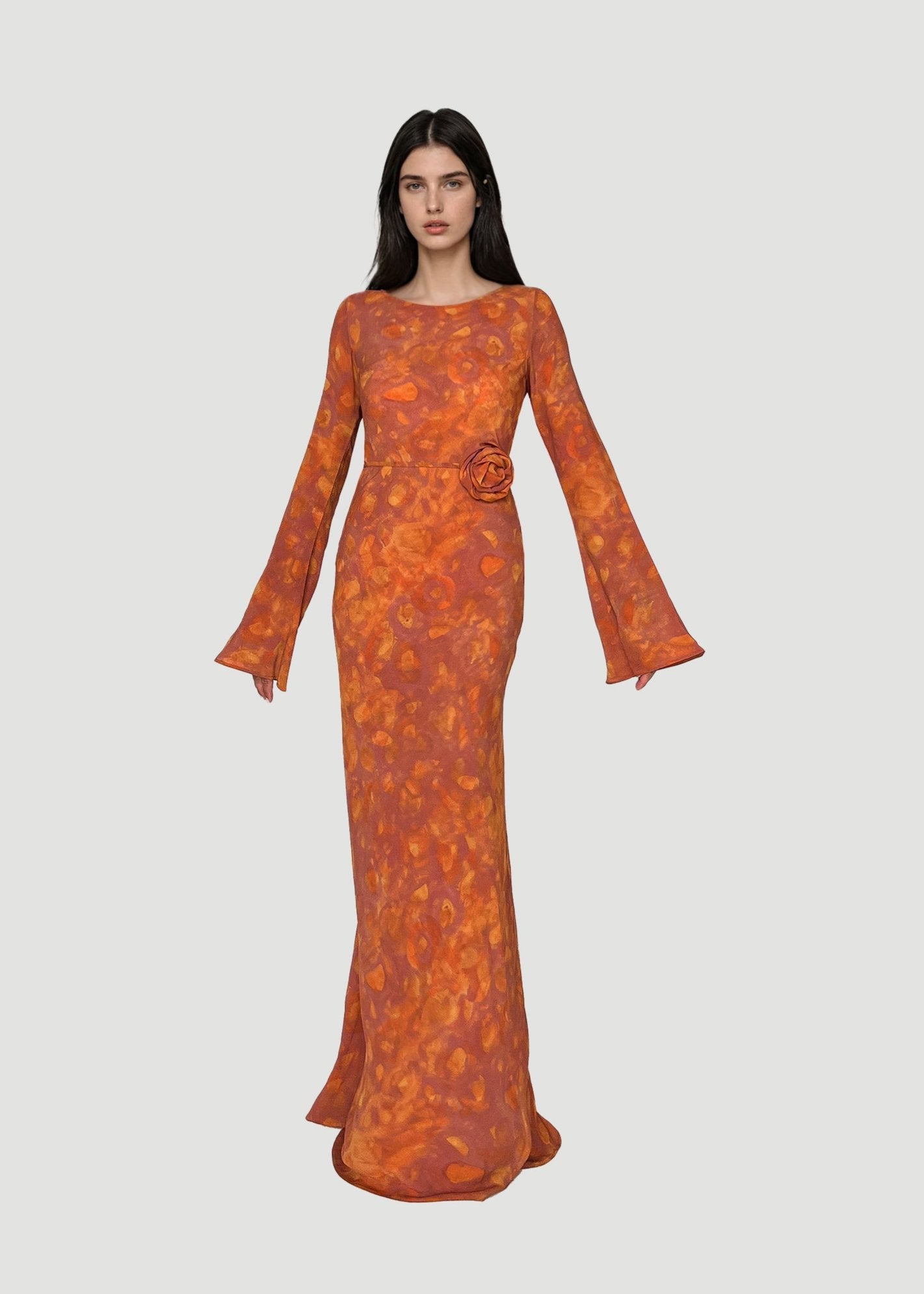 KYRA Bias Cut Long Sleeves Maxi Dress in Sunset