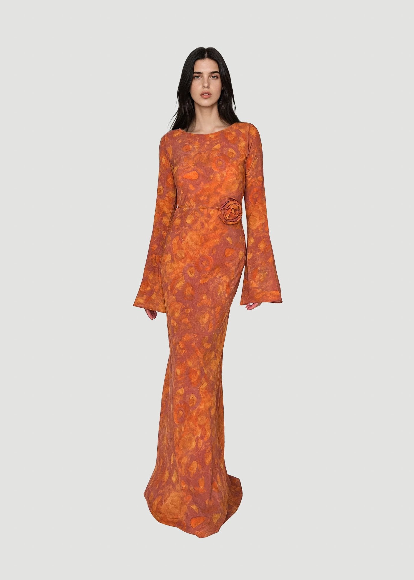 KYRA Bias Cut Long Sleeves Maxi Dress in Sunset
