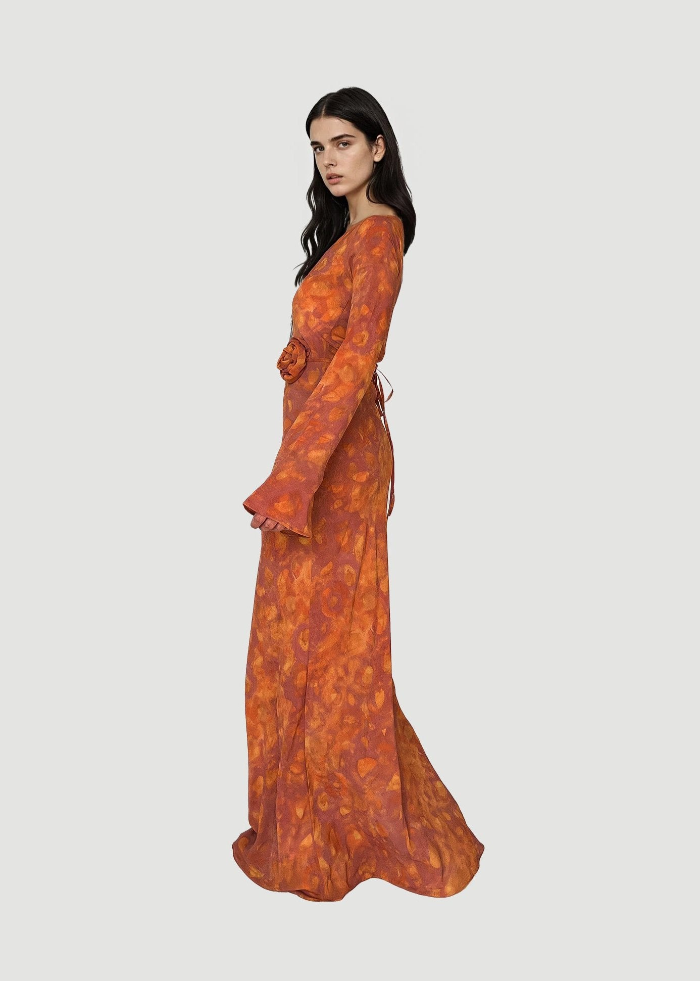 KYRA Bias Cut Long Sleeves Maxi Dress in Sunset
