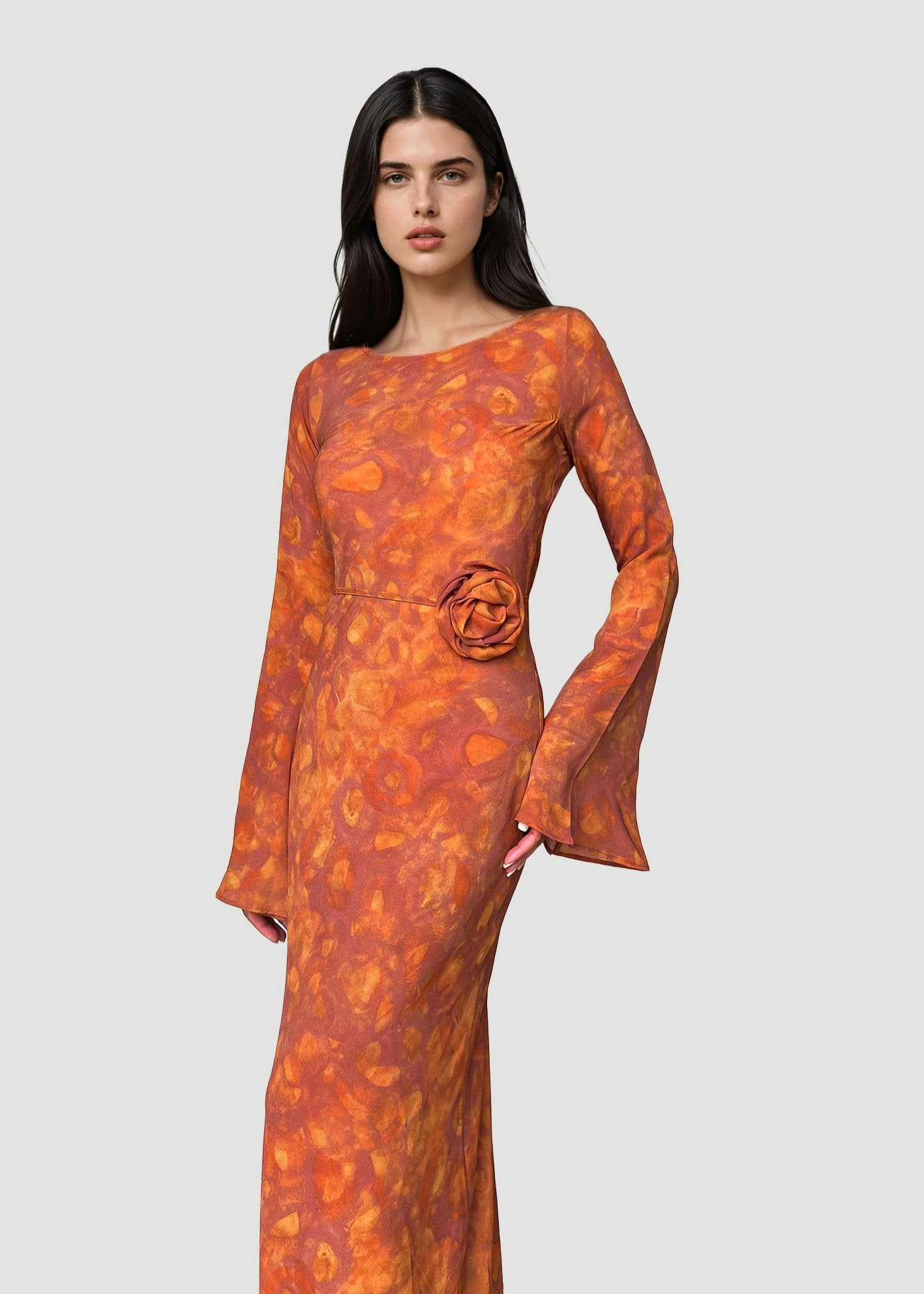 KYRA Bias Cut Long Sleeves Maxi Dress in Sunset