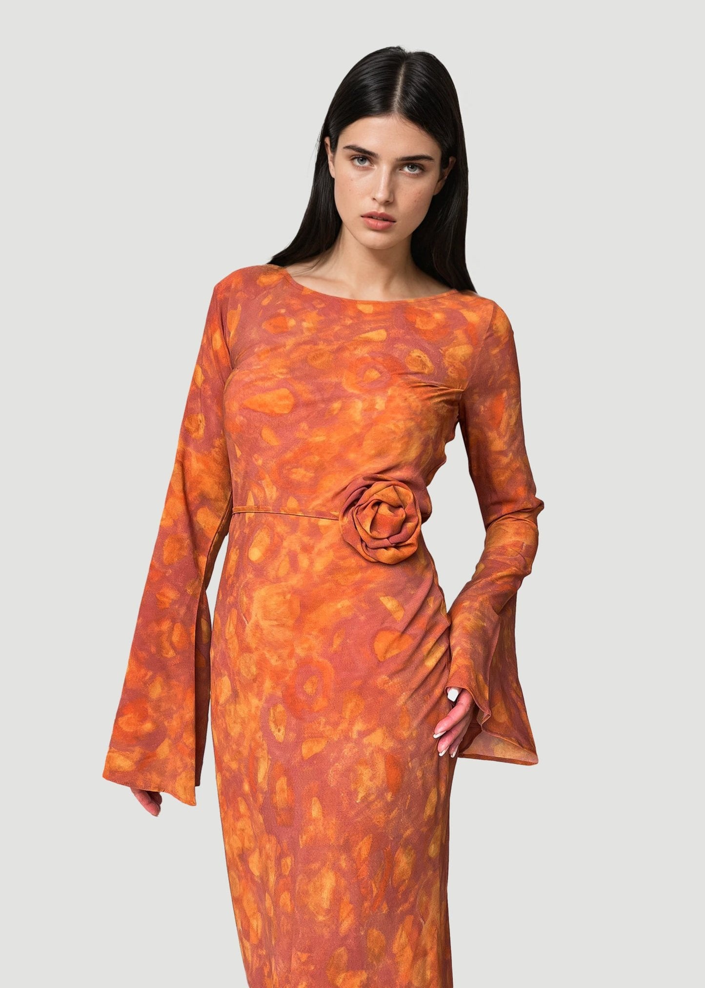 KYRA Bias Cut Long Sleeves Maxi Dress in Sunset