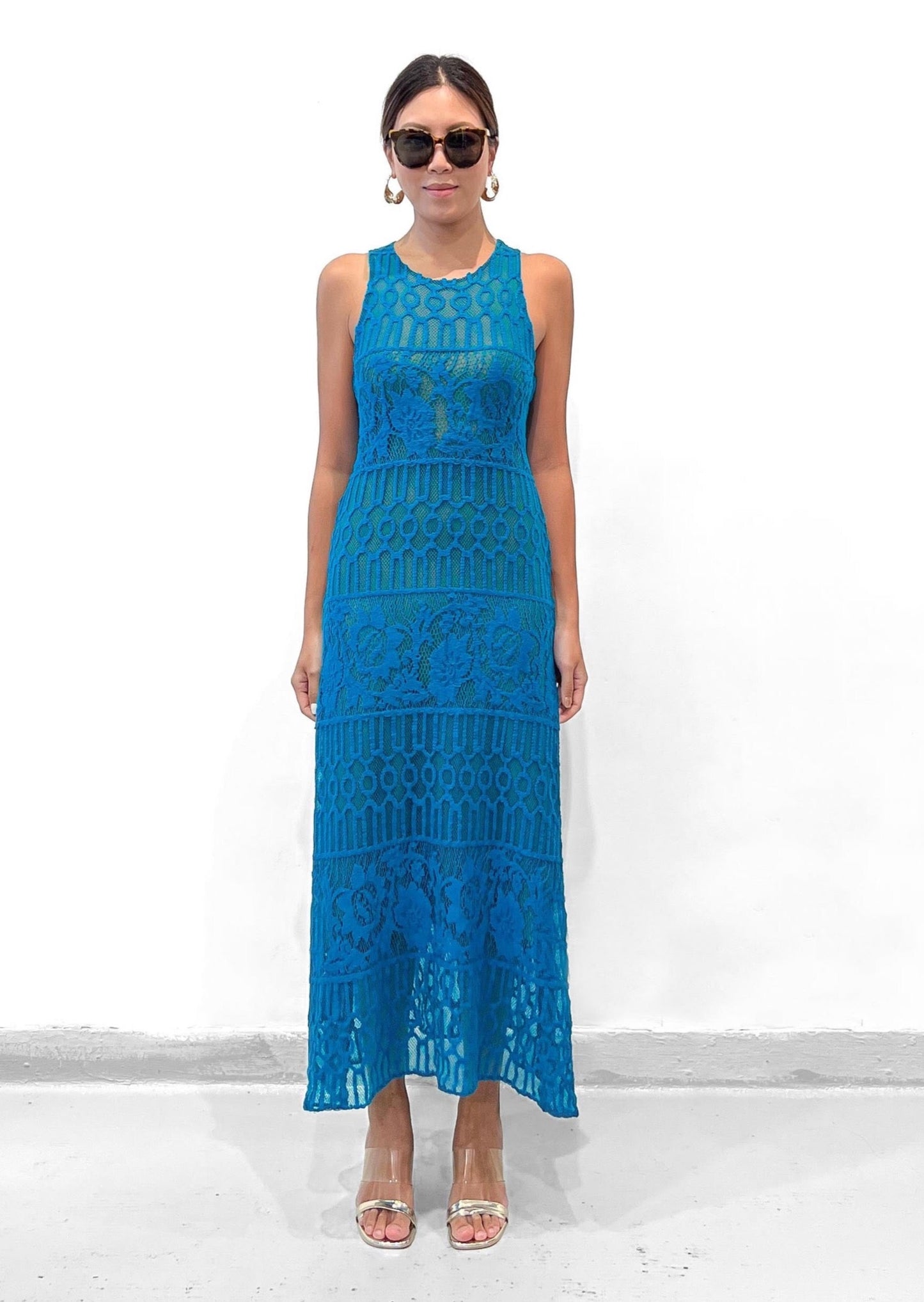TYRA CROCHETED COTTON LACE KNITTED MAXI DRESS IN AZURE BLUE