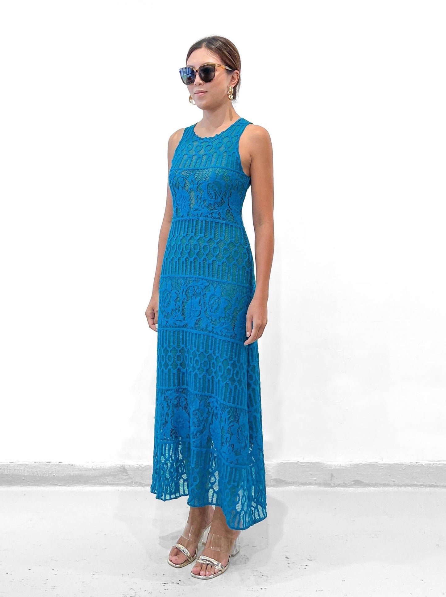 TYRA CROCHETED COTTON LACE KNITTED MAXI DRESS IN AZURE BLUE
