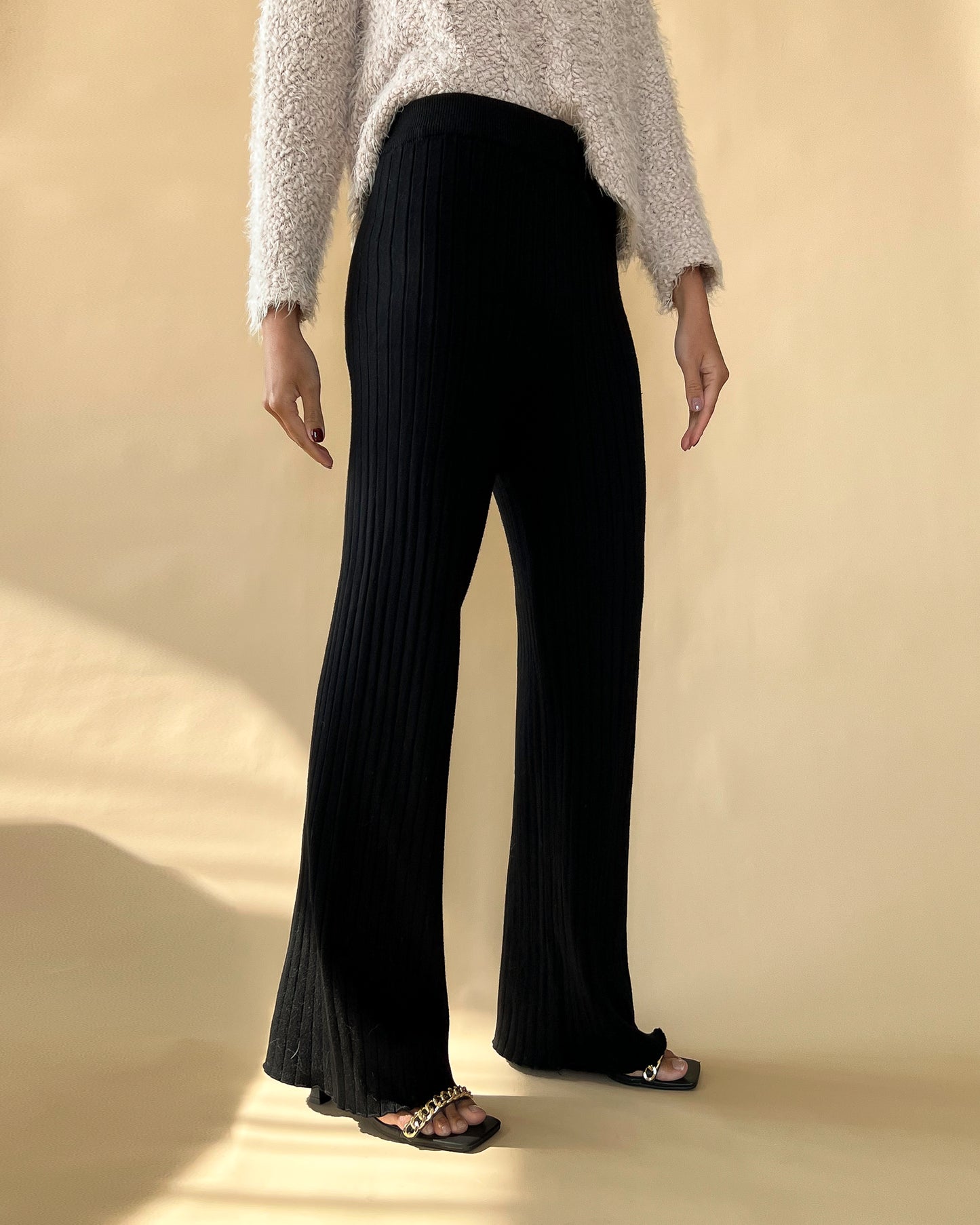 RIBBED KNIT CASHMERE WIDE LEG LOUNGE PANTS BLACK