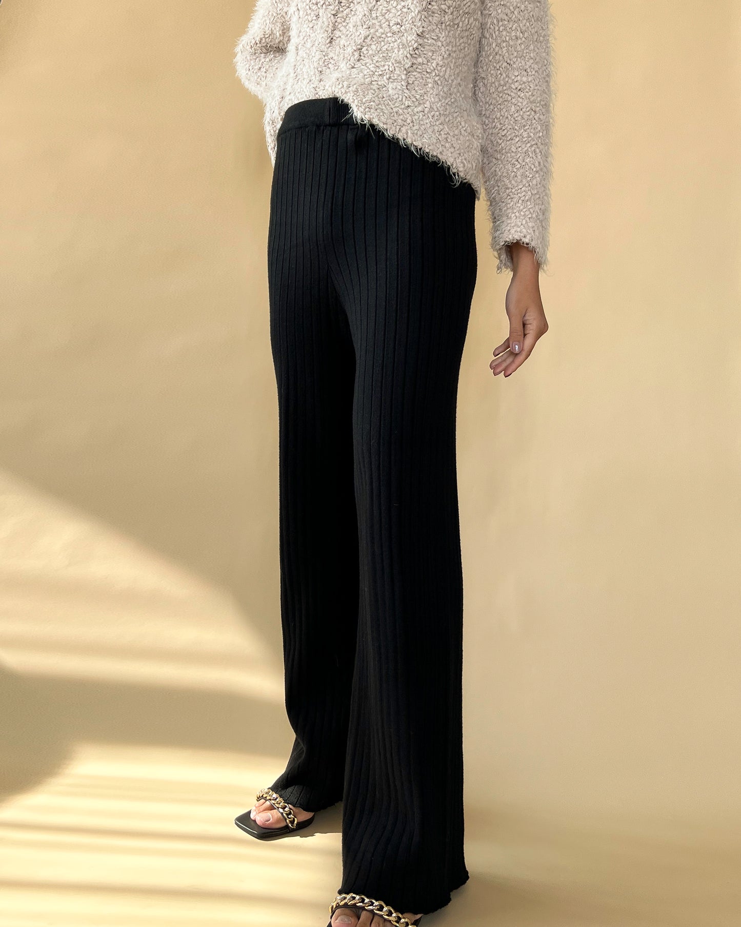 RIBBED KNIT CASHMERE WIDE LEG LOUNGE PANTS BLACK