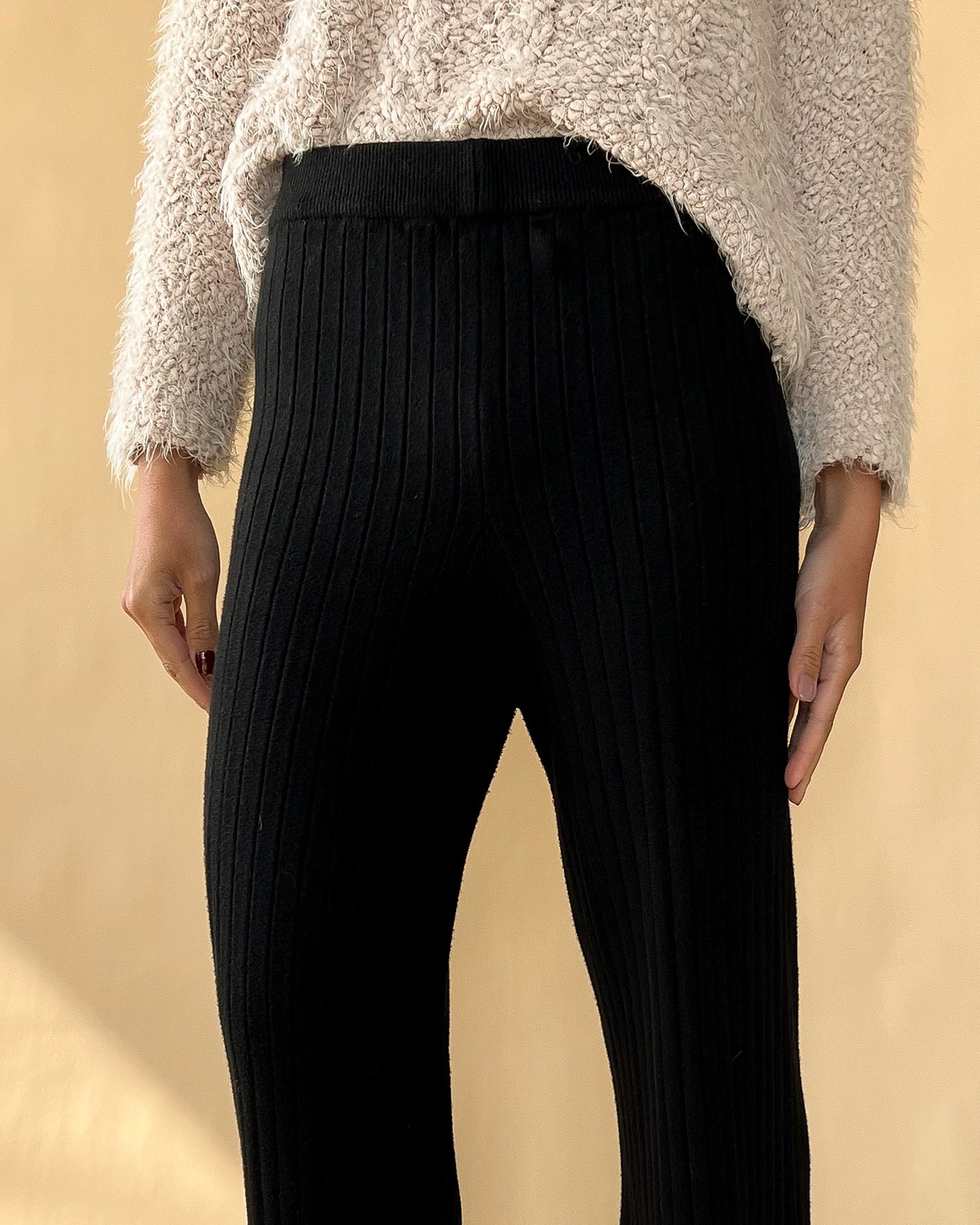 RIBBED KNIT CASHMERE WIDE LEG LOUNGE PANTS BLACK