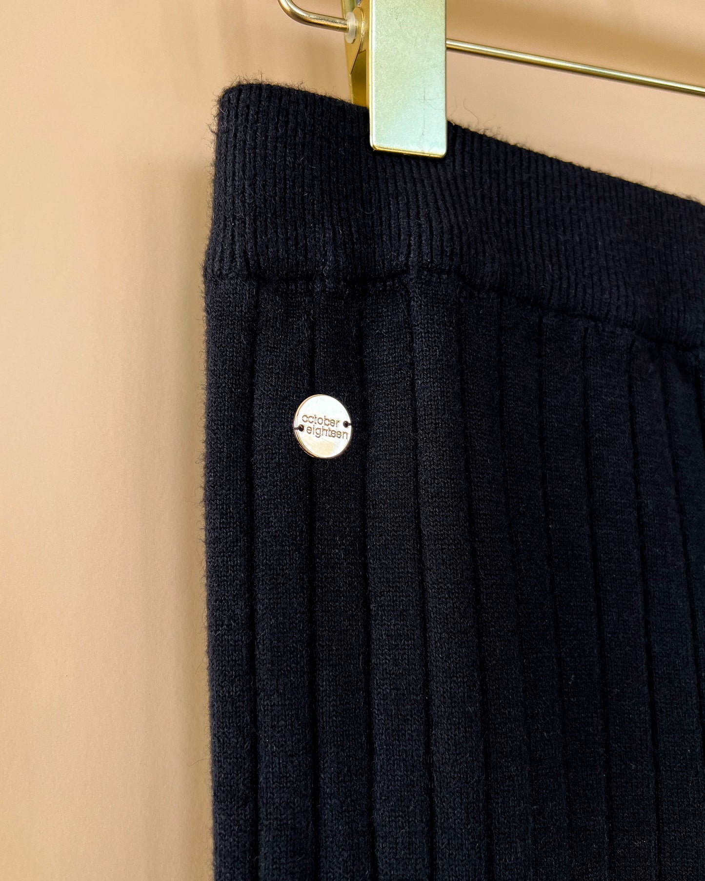 RIBBED KNIT CASHMERE WIDE LEG LOUNGE PANTS BLACK