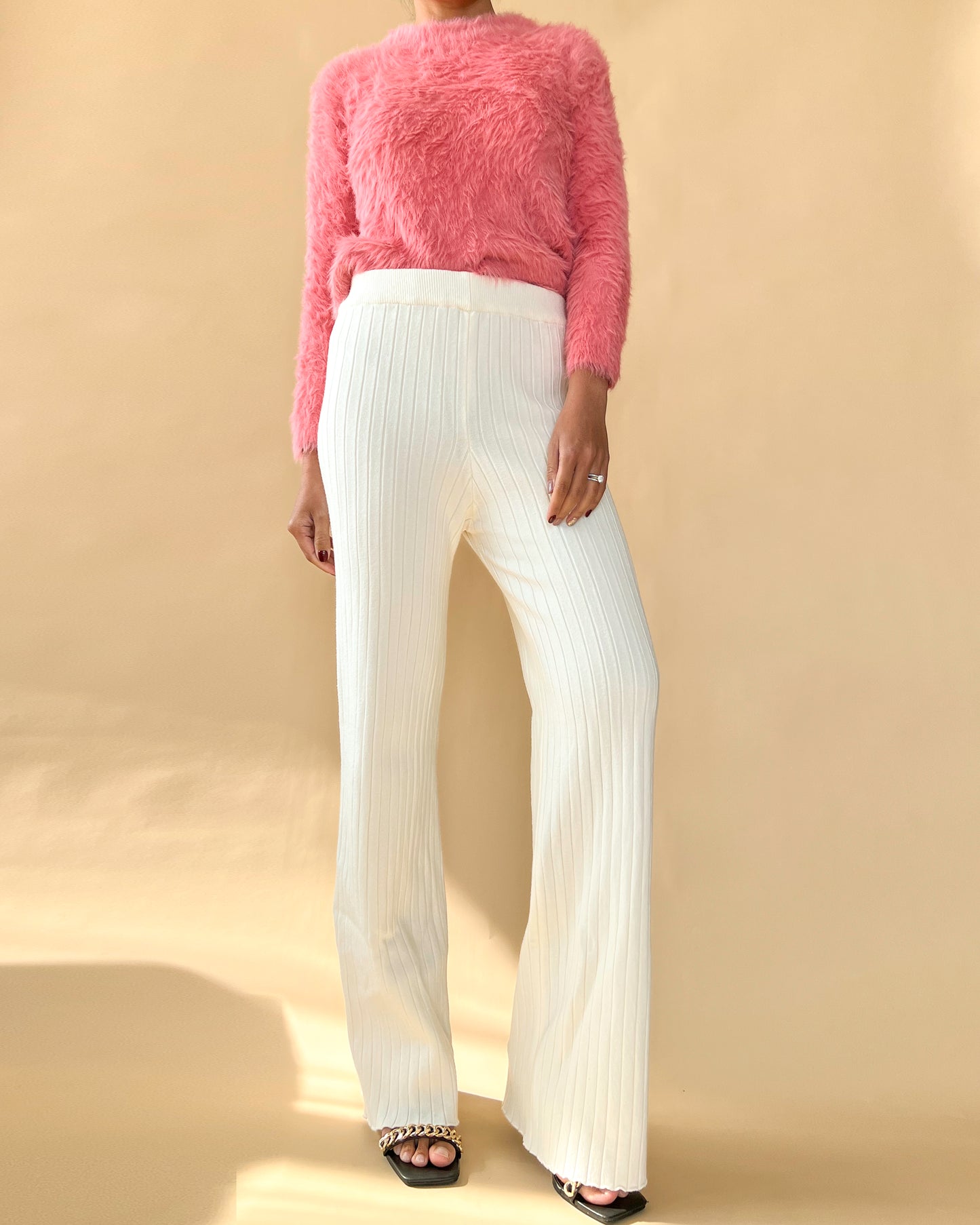 RIBBED KNIT CASHMERE WIDE LEG LOUNGE PANTS