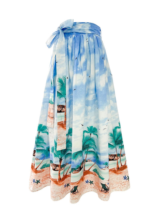 HIGH WAISTED MIDI SKIRT IN TROPICAL VACATION PRINT
