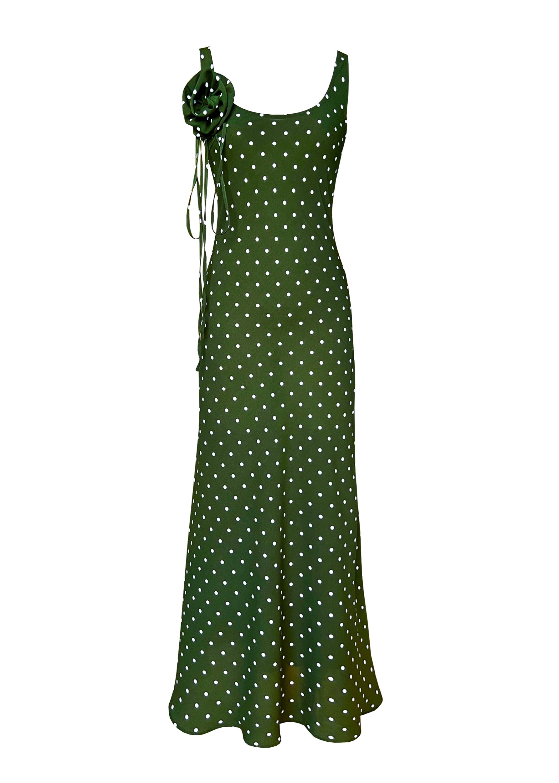 ELODIE Bias Maxi Slip Dress in Olive Green Polka Dots