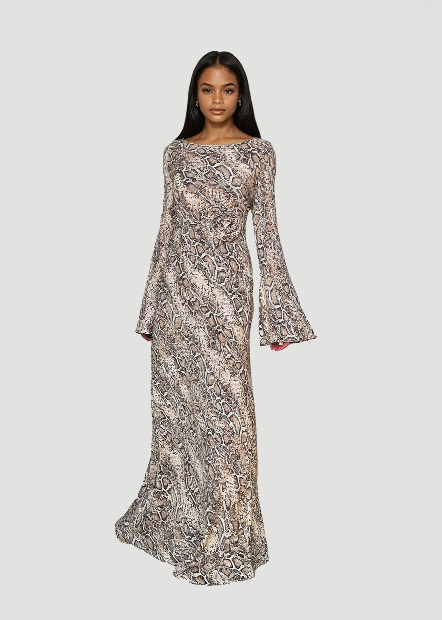 KYRA Bias Cut Long Sleeve Maxi Dress in Python