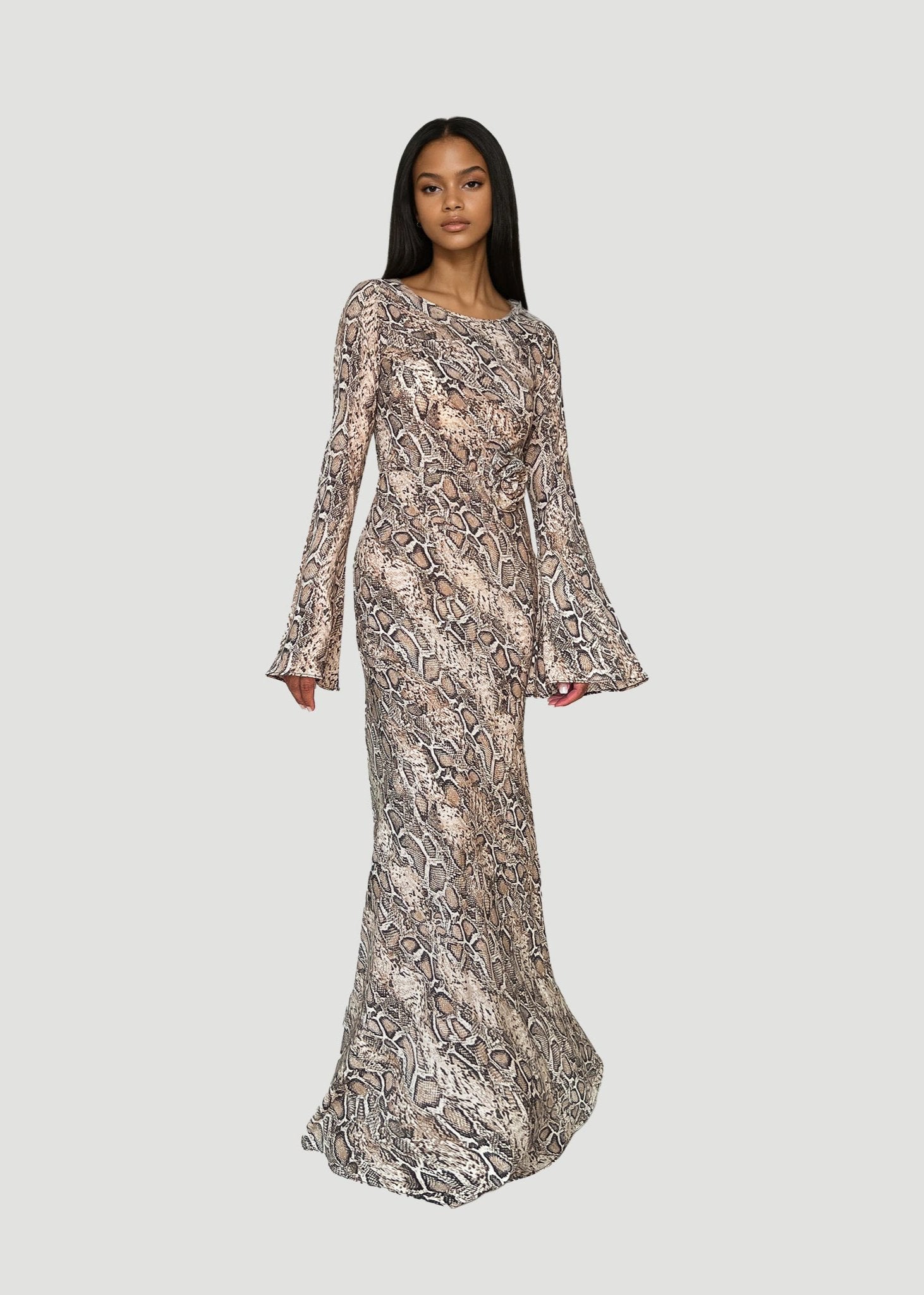 KYRA Bias Cut Long Sleeve Maxi Dress in Python