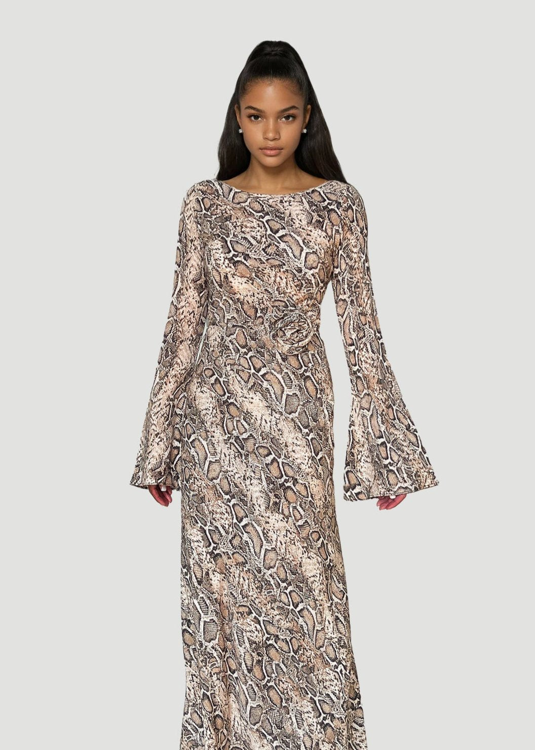 KYRA Bias Cut Long Sleeve Maxi Dress in Python