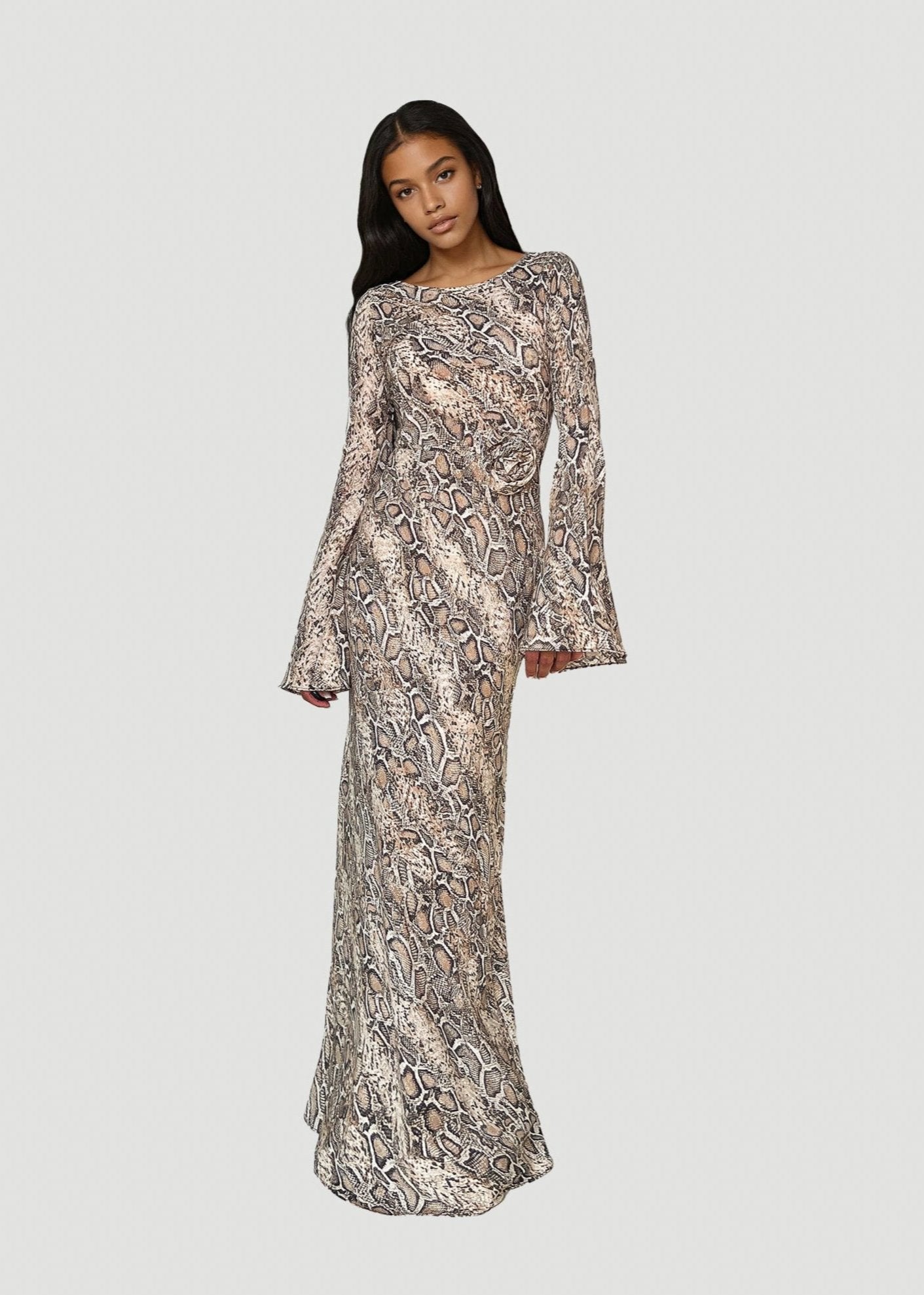 KYRA Bias Cut Long Sleeve Maxi Dress in Python