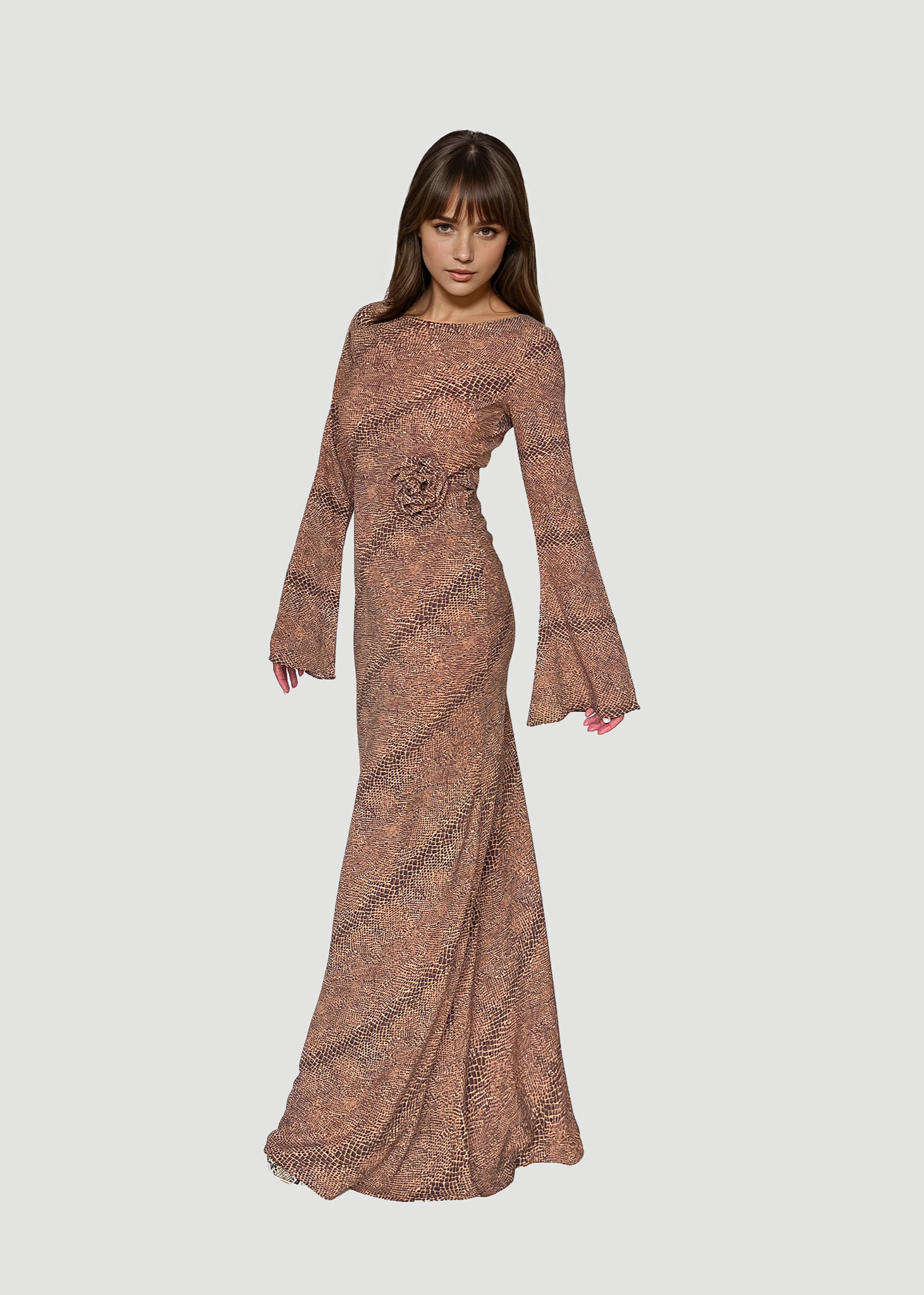 KYRA Bias Cut Long Sleeve Maxi Dress in Cobra