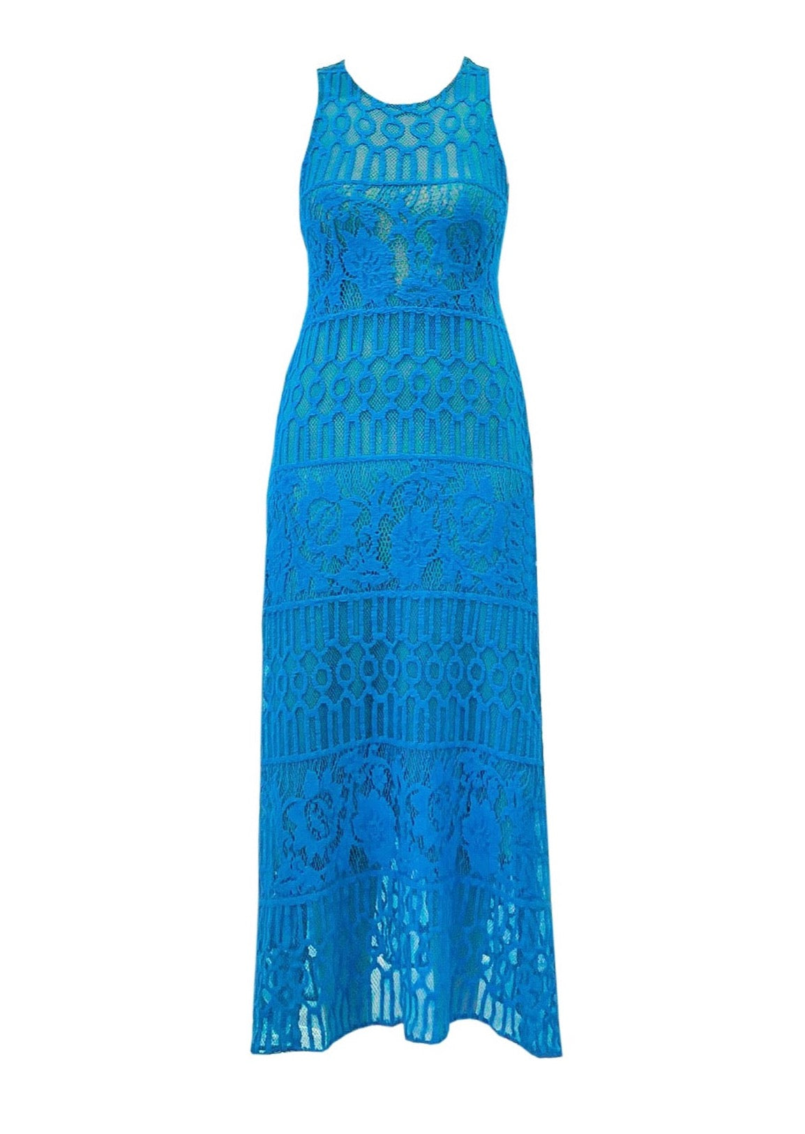 TYRA CROCHETED COTTON LACE KNITTED MAXI DRESS IN AZURE BLUE