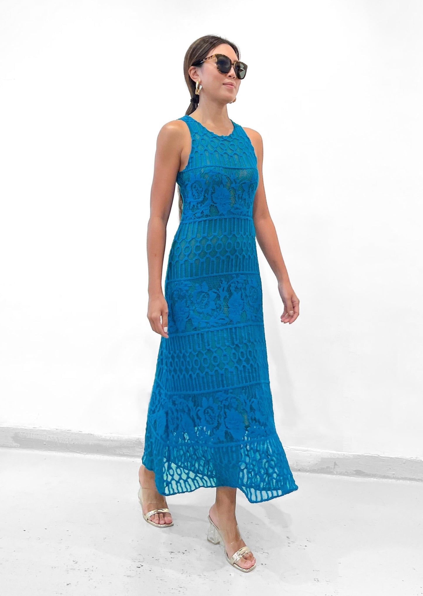 TYRA CROCHETED COTTON LACE KNITTED MAXI DRESS IN AZURE BLUE