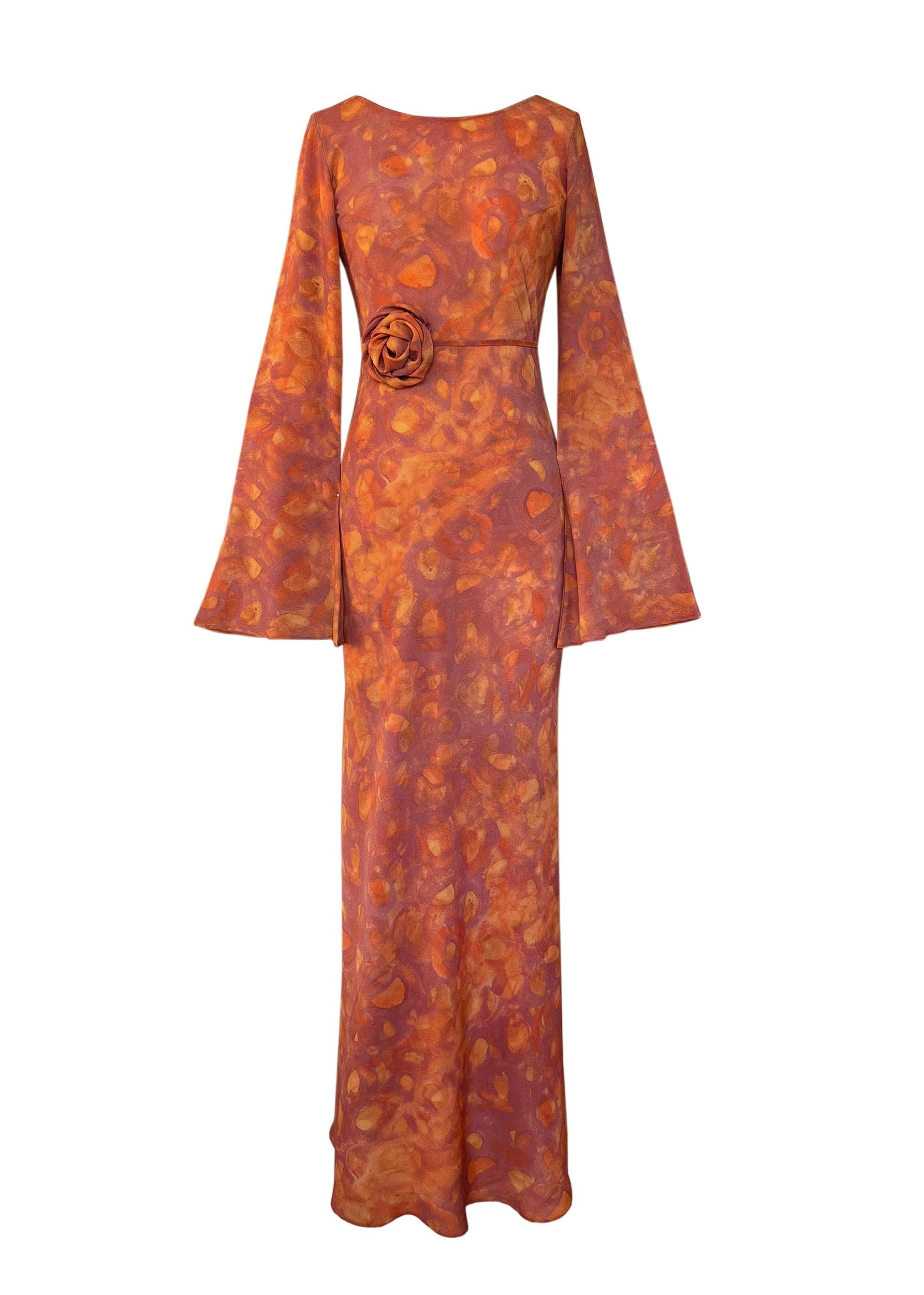 KYRA Bias Cut Long Sleeve Maxi Dress in Sunset Orange