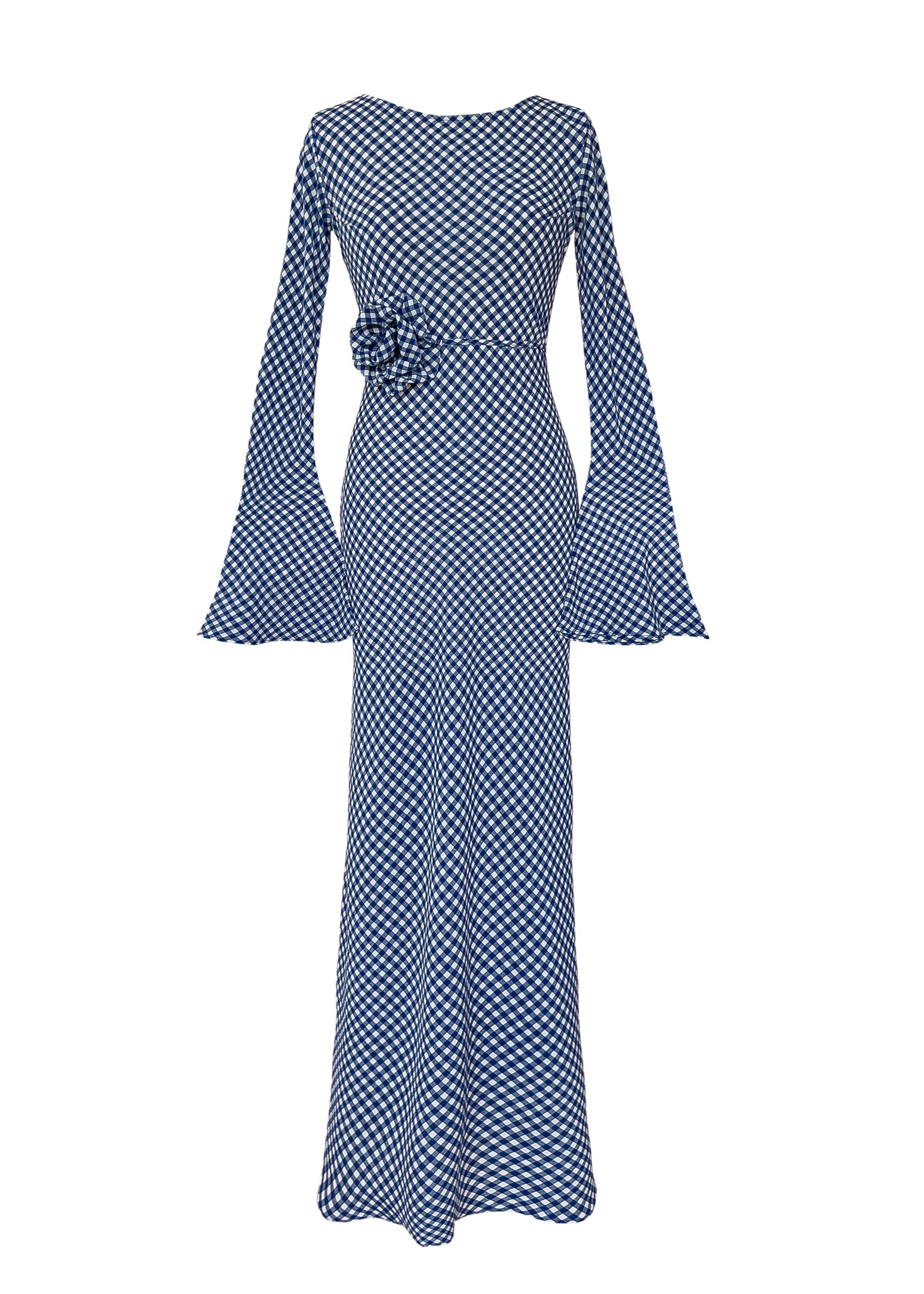 KYRA Bias Cut Long Sleeve Maxi Dress in Blue Gingham