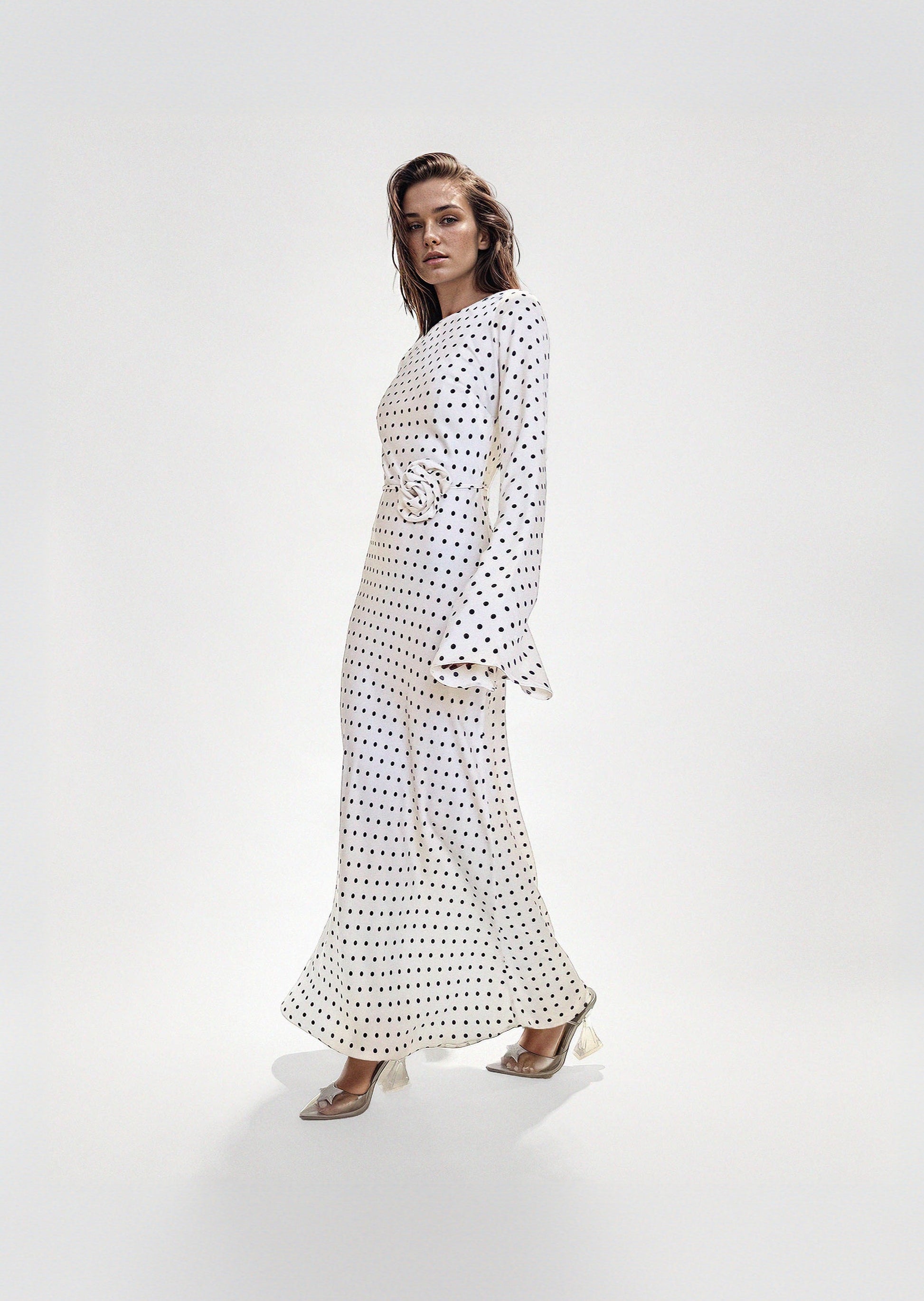 KYRA DRESS in White Polka Dots - OctoberEighteen