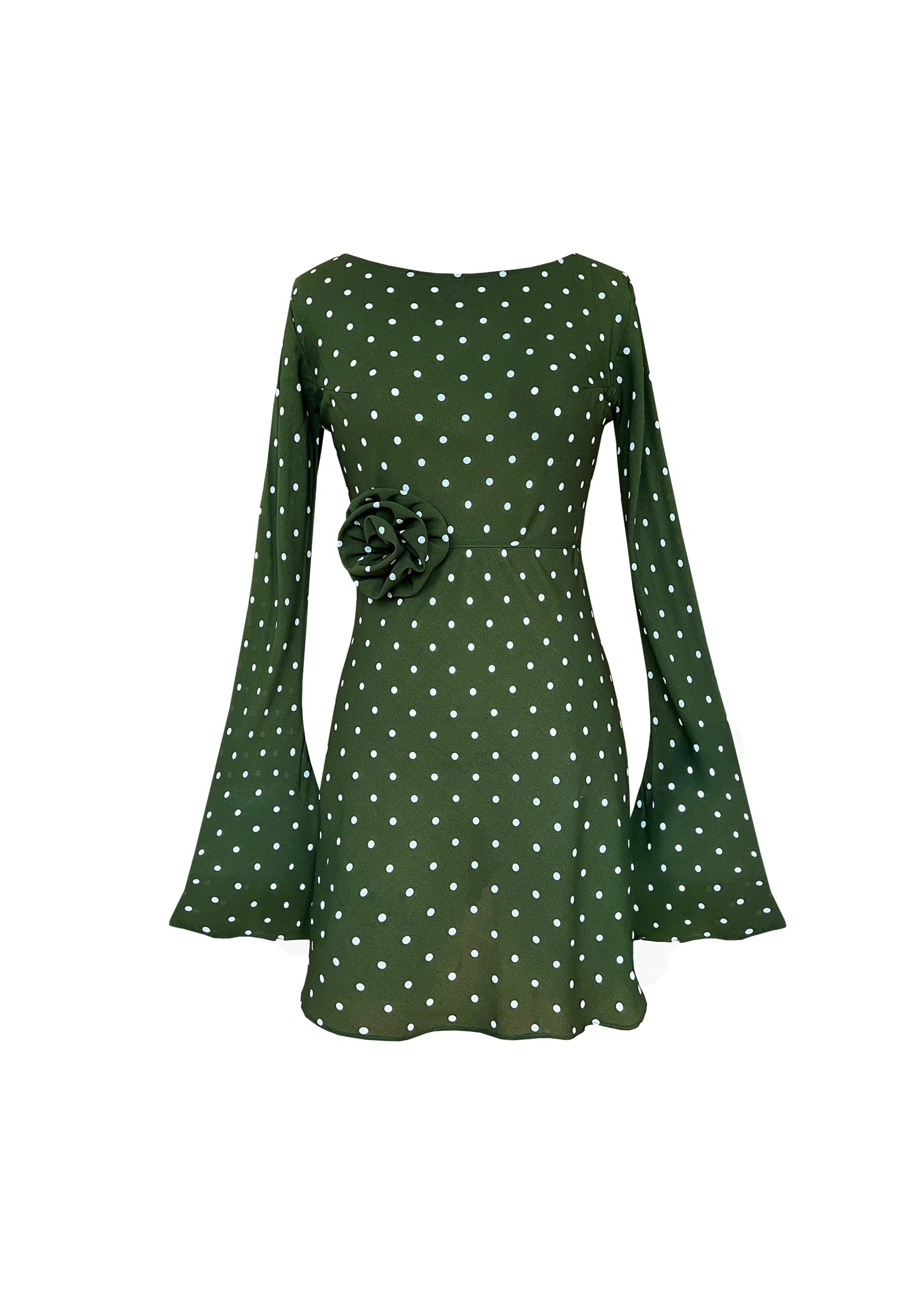 MAISIE Bias Long Sleeve Mini Dress in Olive Green Polka Dots