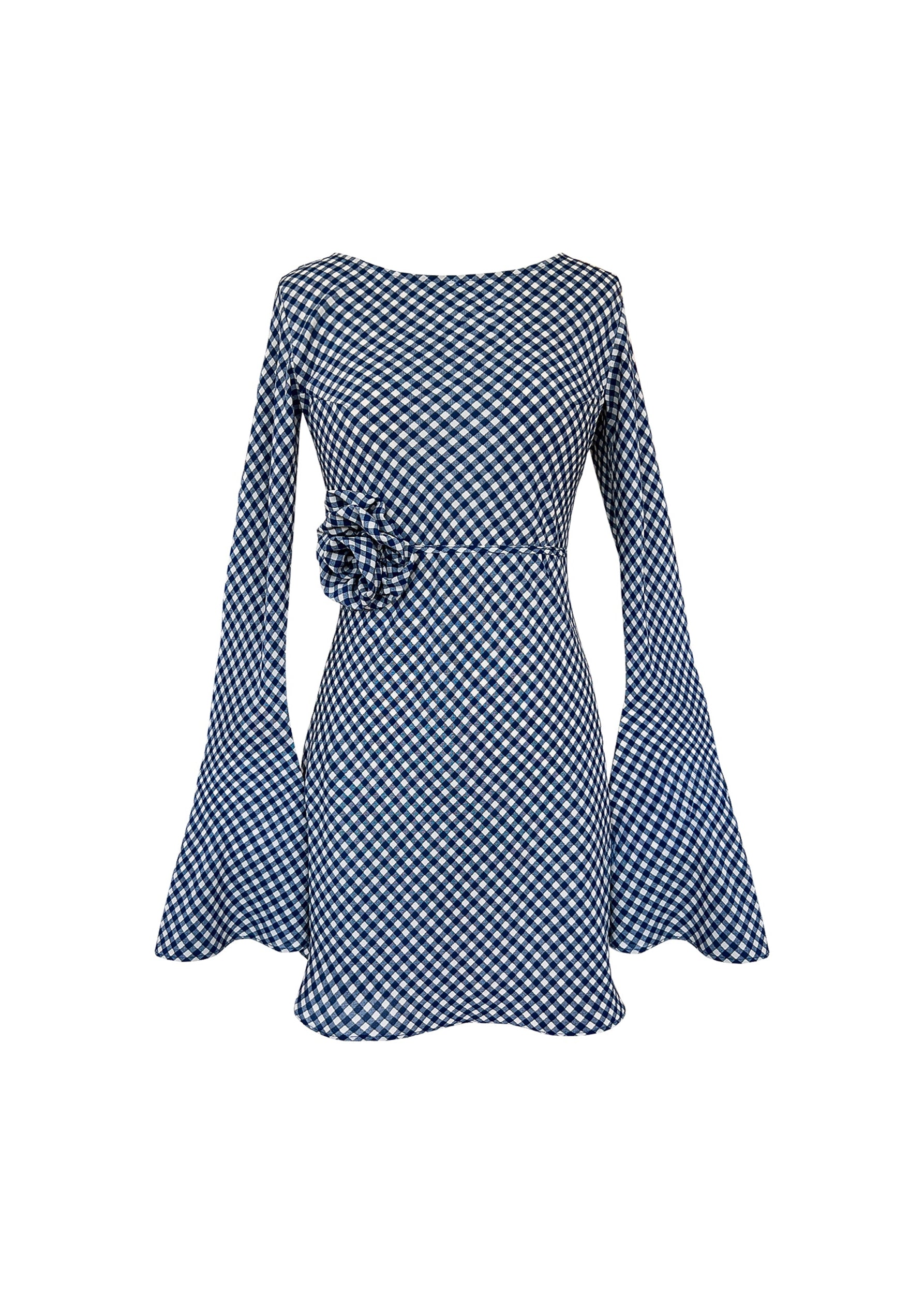 Blue and white checkered dress with bell sleeves on a white background