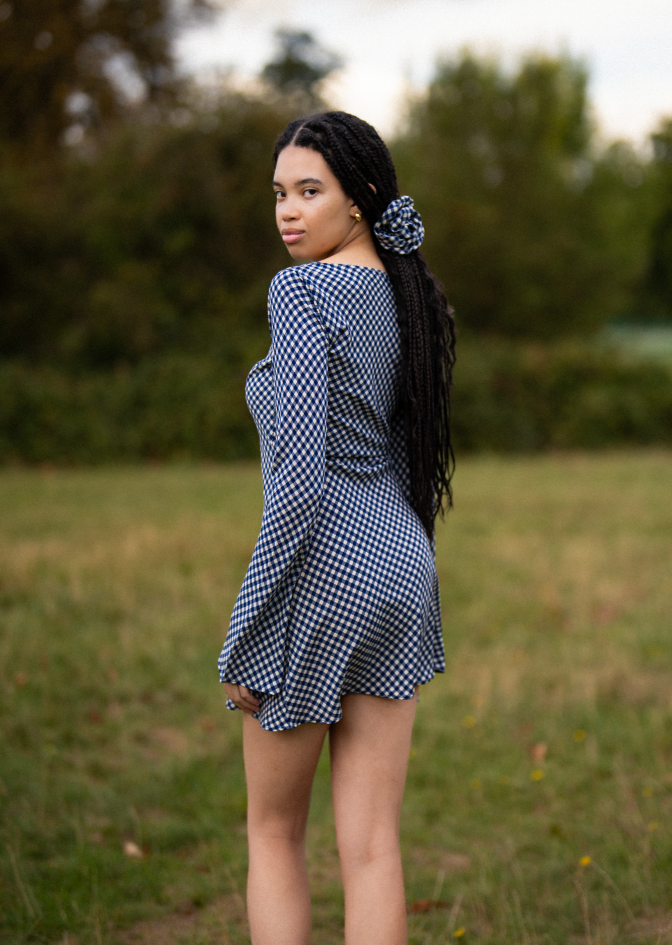 MAISIE Bias Long Sleeve Mini Dress in Blue Gingham