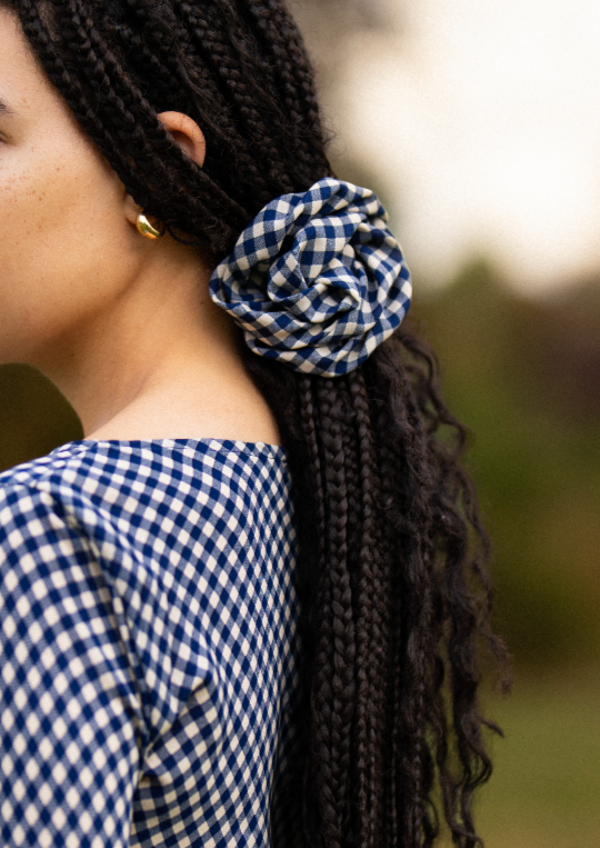 MAISIE Bias Long Sleeve Mini Dress in Blue Gingham
