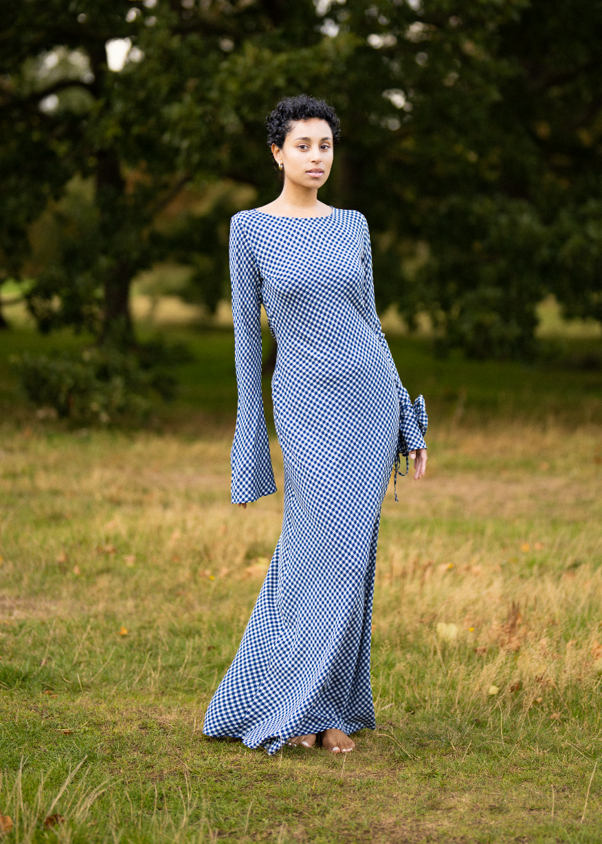 KYRA Bias Cut Long Sleeve Maxi Dress in Blue Gingham