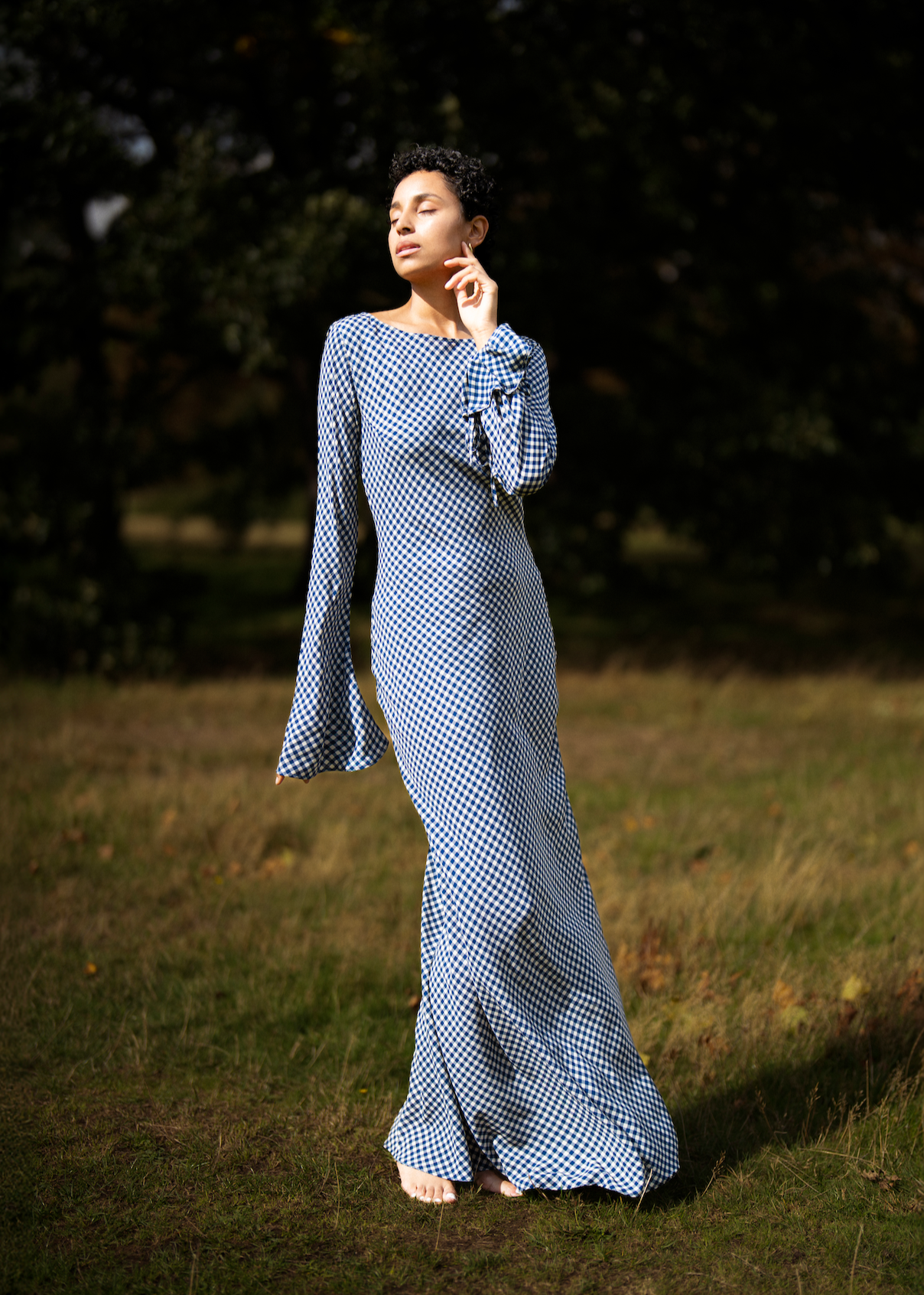 KYRA Bias Cut Long Sleeve Maxi Dress in Blue Gingham