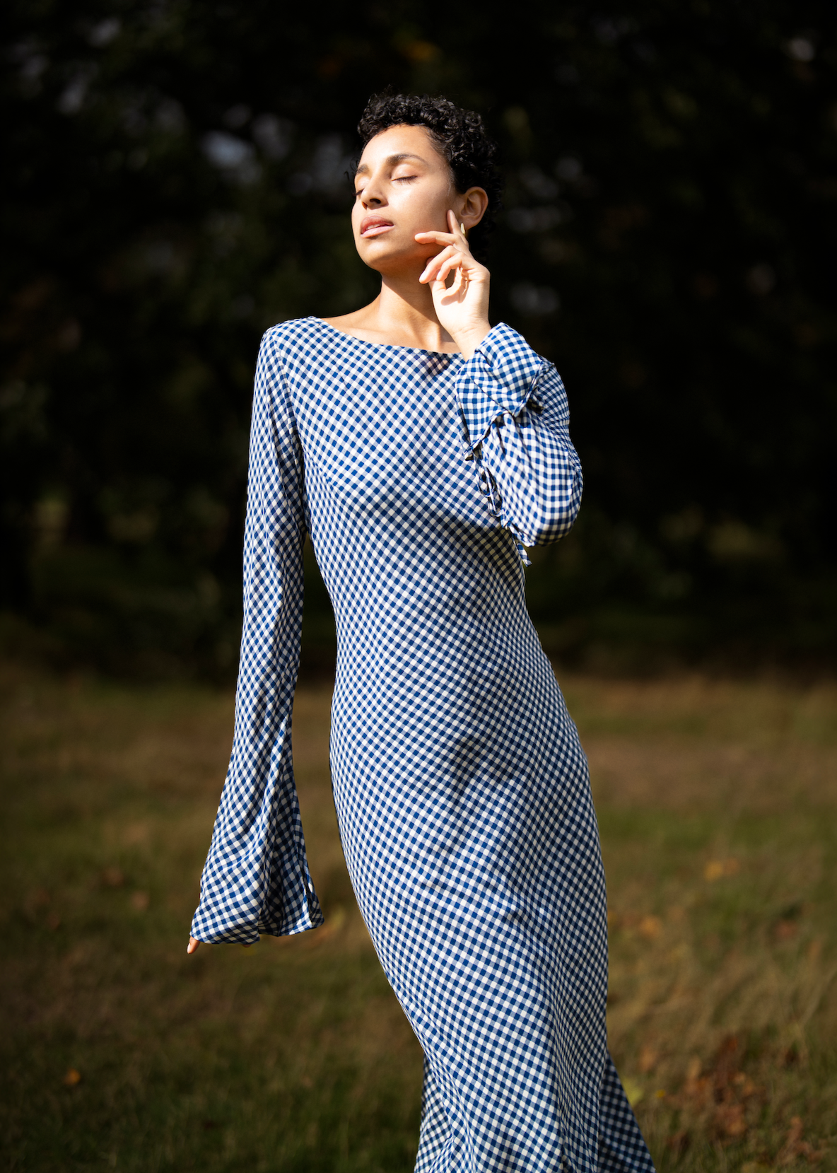 KYRA Bias Cut Long Sleeve Maxi Dress in Blue Gingham