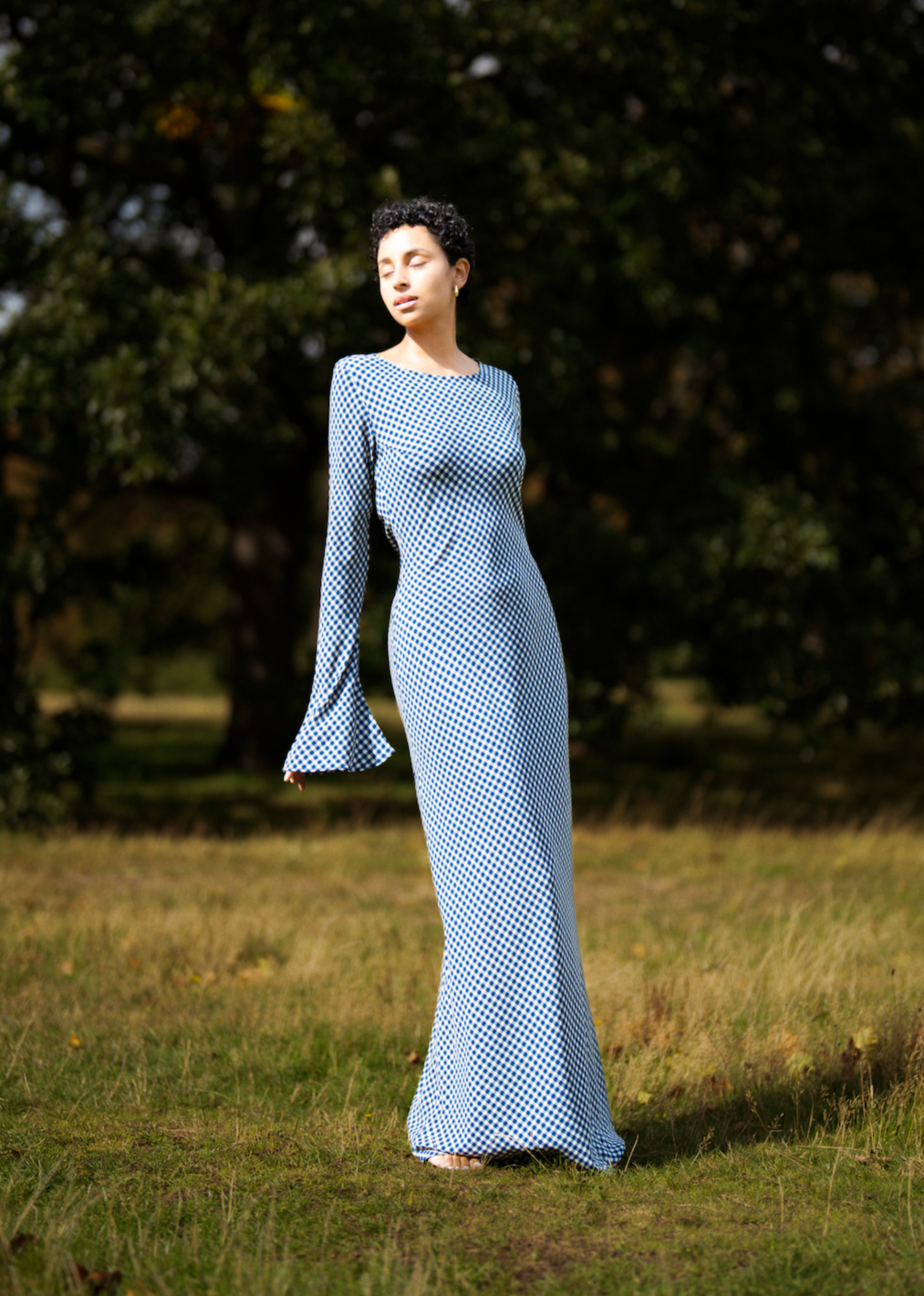 KYRA Bias Cut Long Sleeve Maxi Dress in Blue Gingham