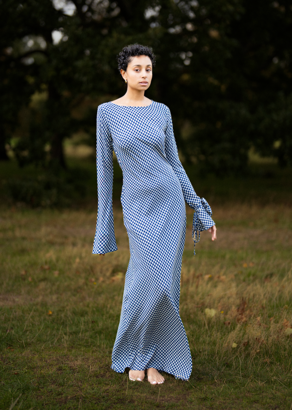 KYRA Bias Cut Long Sleeve Maxi Dress in Blue Gingham