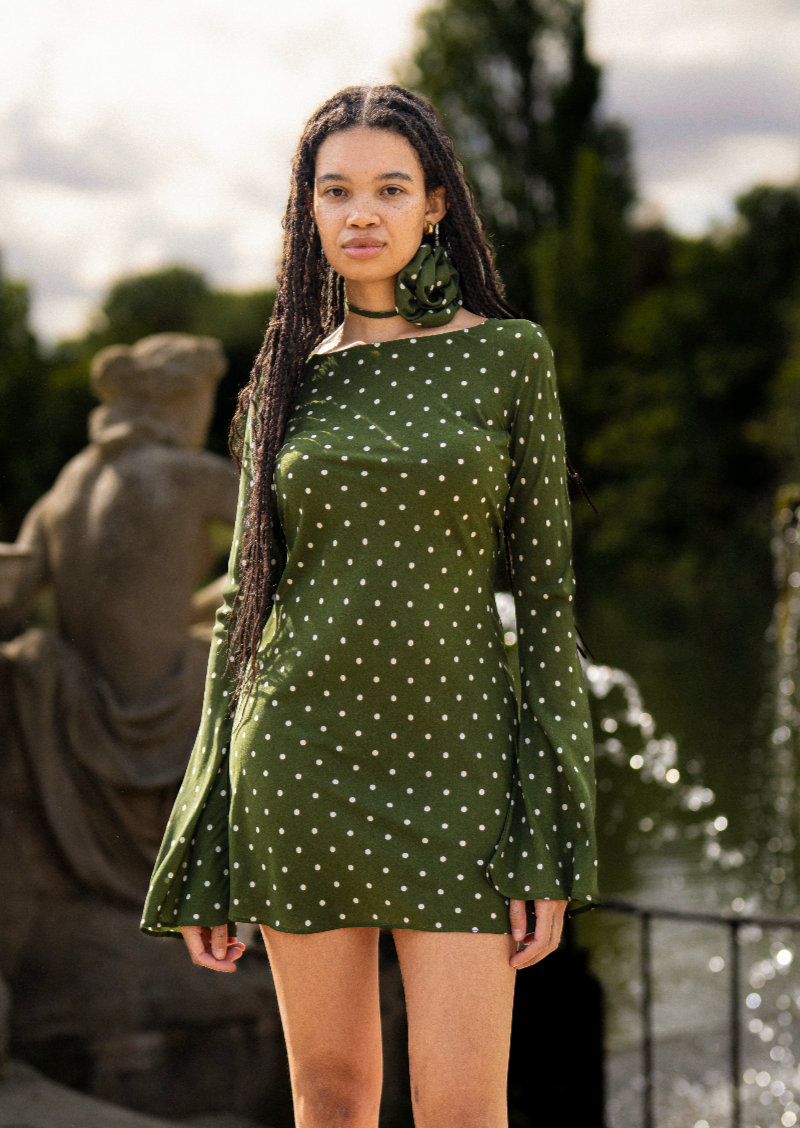 MAISIE Bias Long Sleeve Mini Dress in Olive Green Polka Dots