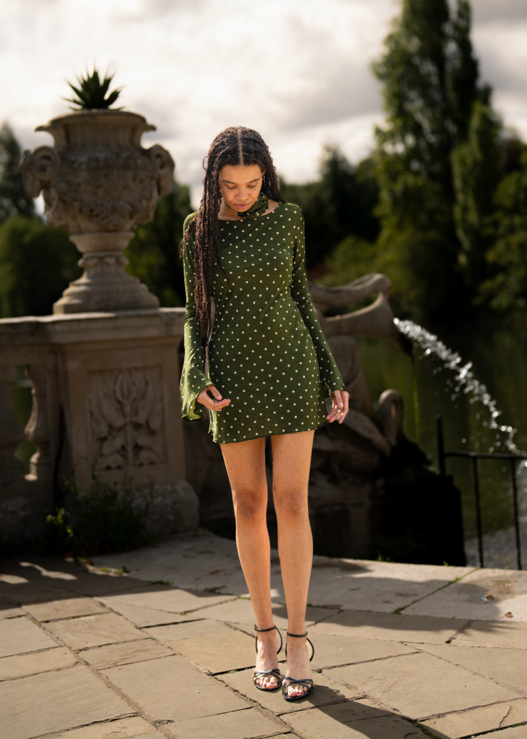 MAISIE Bias Long Sleeve Mini Dress in Olive Green Polka Dots