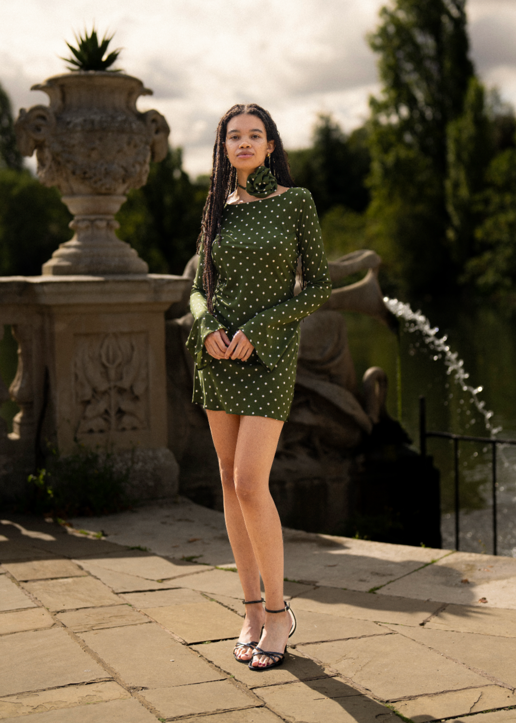 MAISIE Bias Long Sleeve Mini Dress in Olive Green Polka Dots