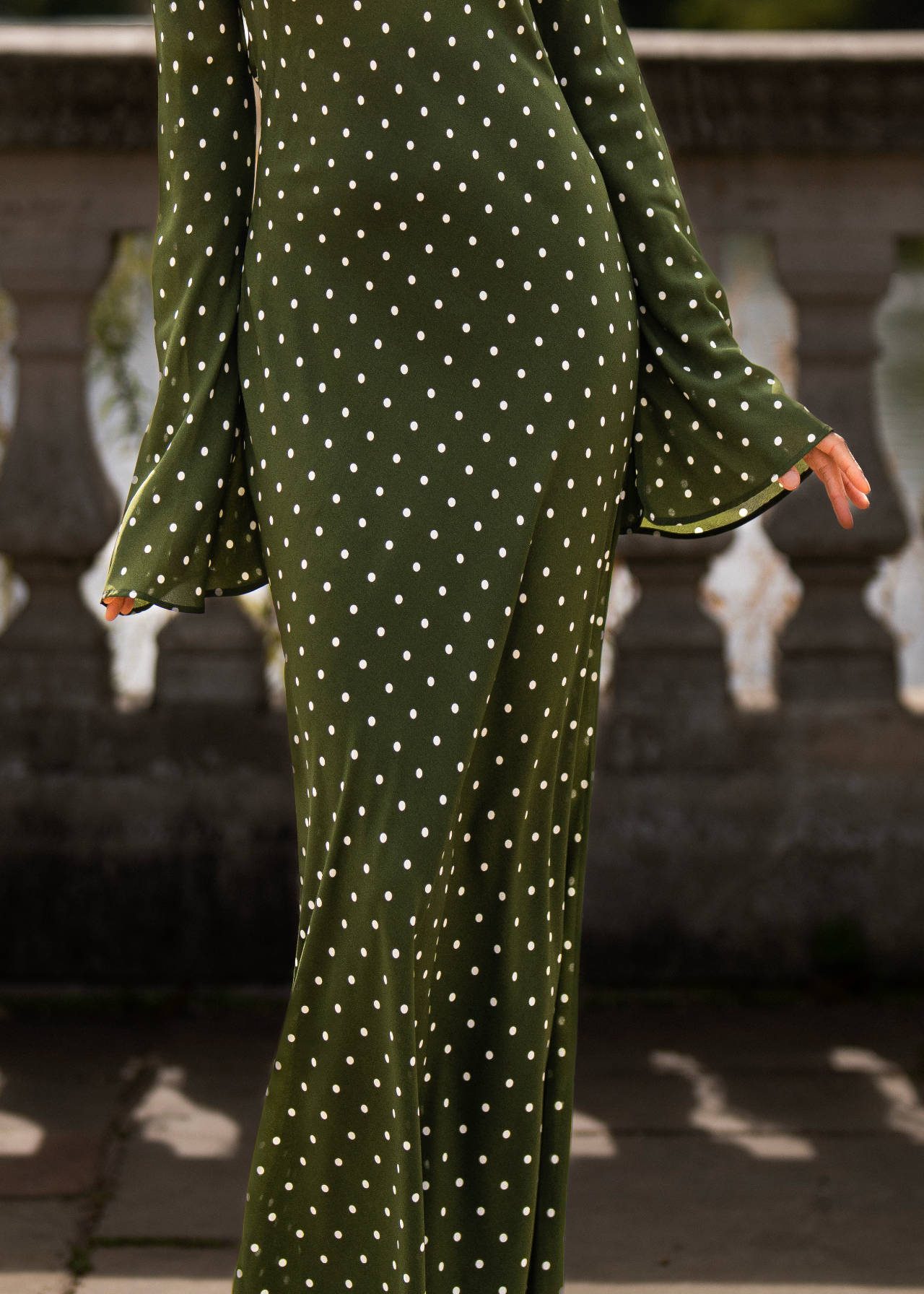 KYRA Bias Cut Long Sleeve Maxi Dress in Olive Green Polka Dots