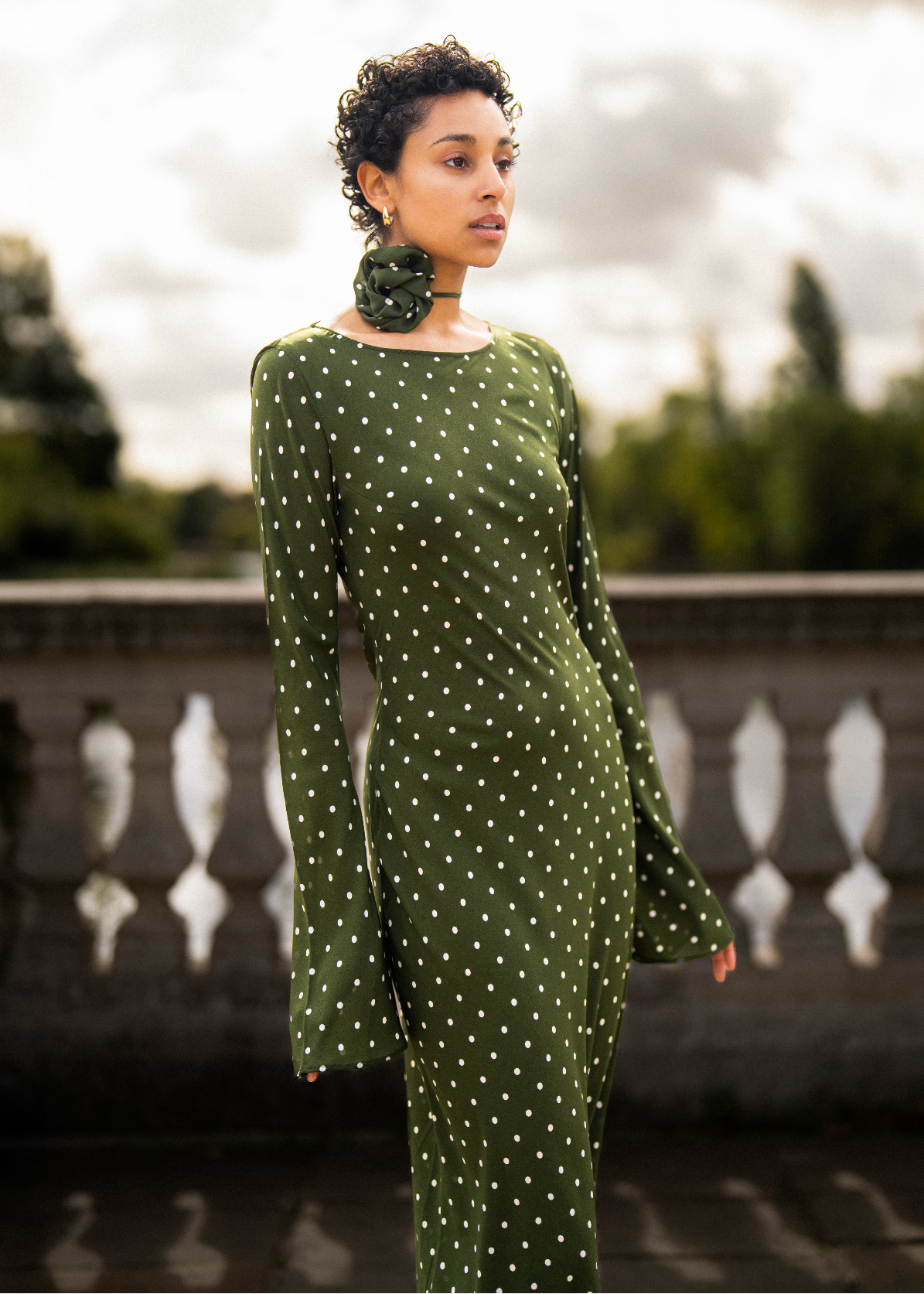 KYRA Bias Cut Long Sleeve Maxi Dress in Olive Green Polka Dots