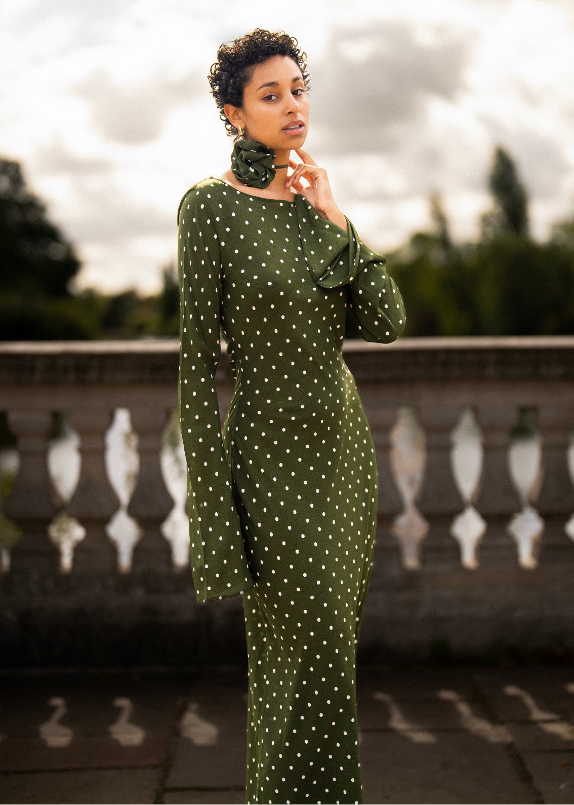 KYRA Bias Cut Long Sleeve Maxi Dress in Olive Green Polka Dots