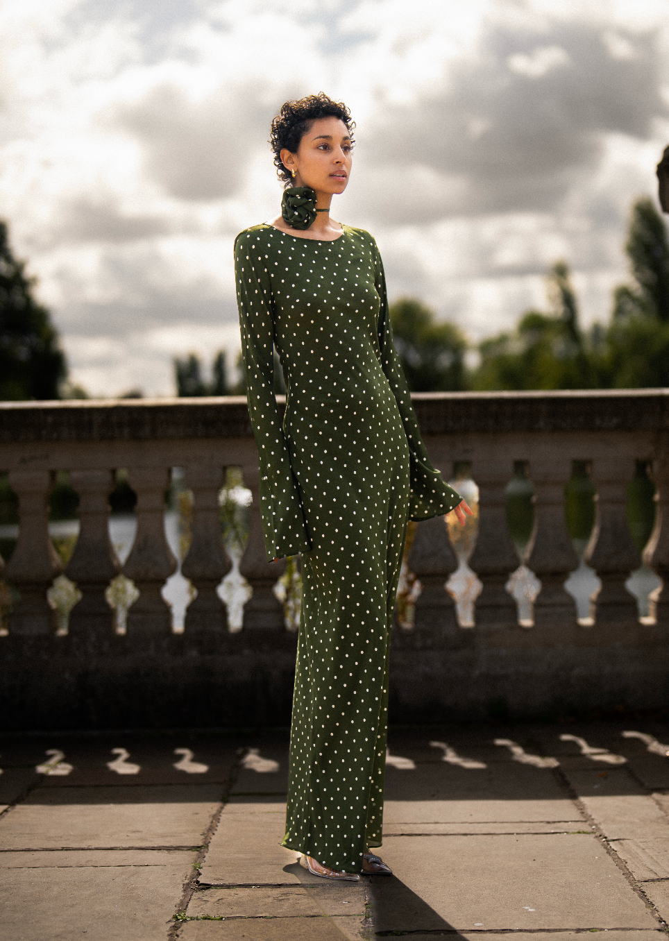 KYRA Bias Cut Long Sleeve Maxi Dress in Olive Green Polka Dots