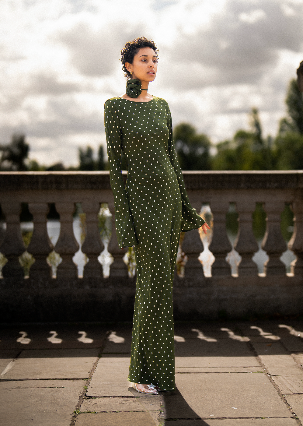 KYRA Bias Cut Long Sleeve Maxi Dress in Olive Green Polka Dots