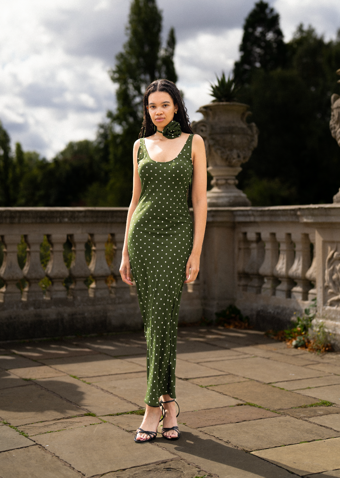 ELODIE Bias Maxi Slip Dress in Olive Green Polka Dots