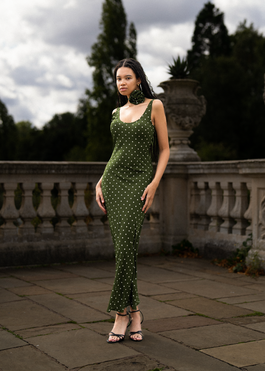 ELODIE Bias Maxi Slip Dress in Olive Green Polka Dots