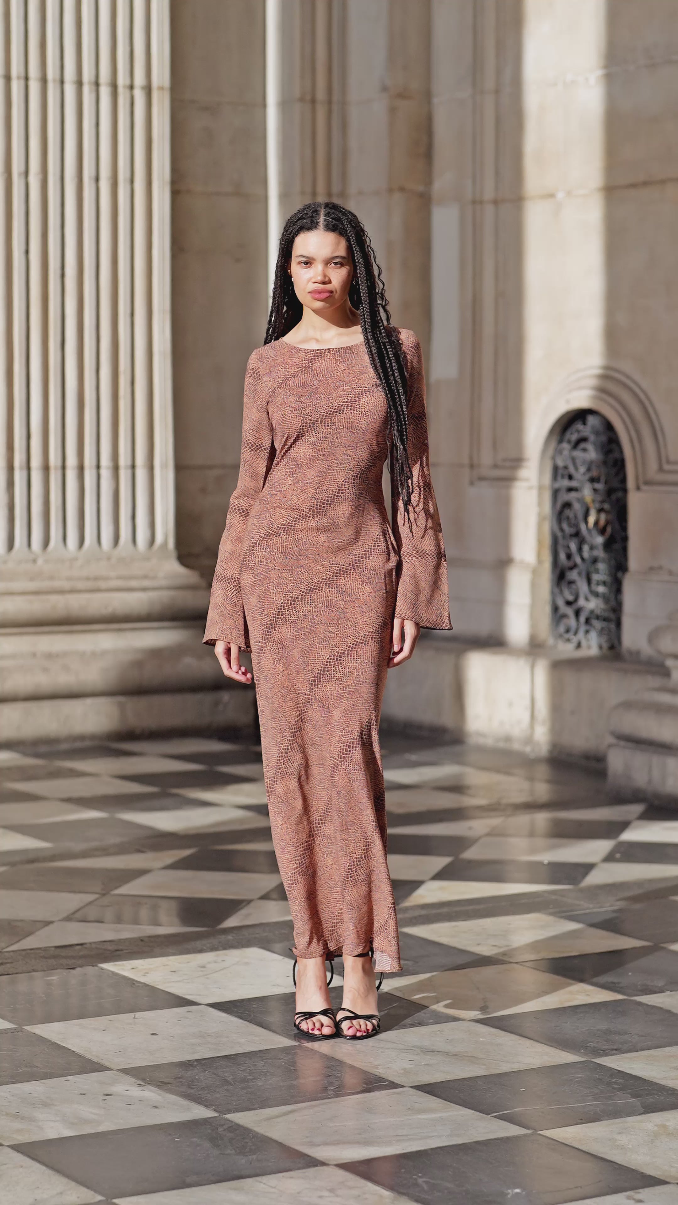 KYRA Bias Cut Long Sleeve Maxi Dress in Cobra