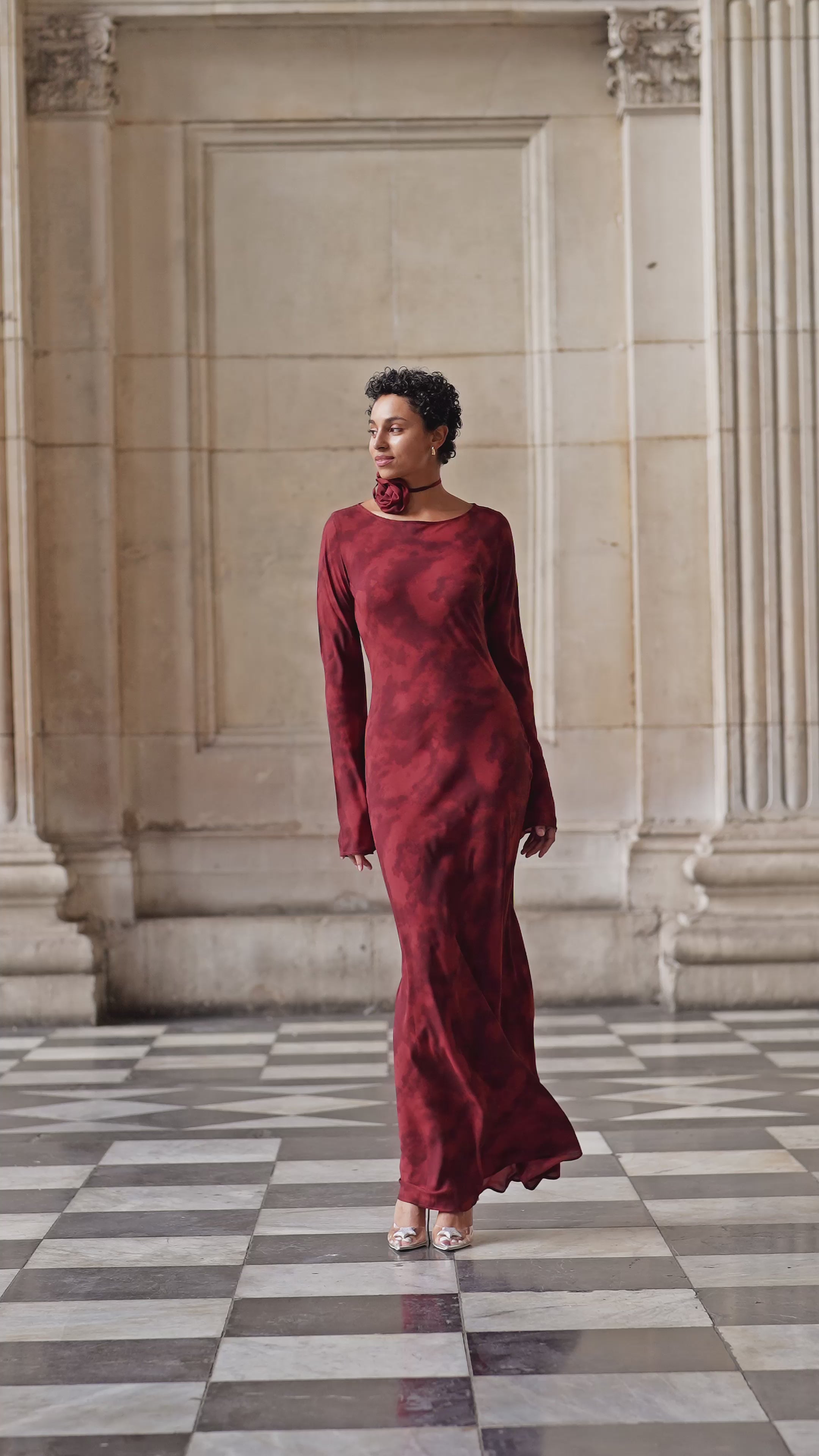 KYRA Bias Cut Long Sleeve Maxi Dress in Inferno Red