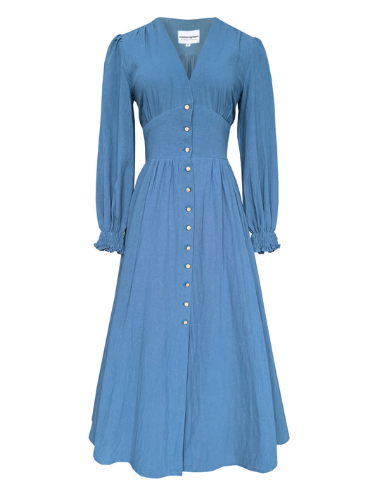 Rochelle Button Down Midi Dress In Blue