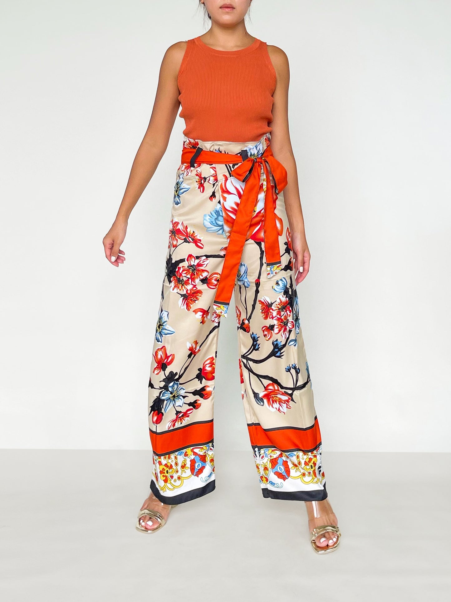 Monaco High Waisted Pants In Orange Floral Silk