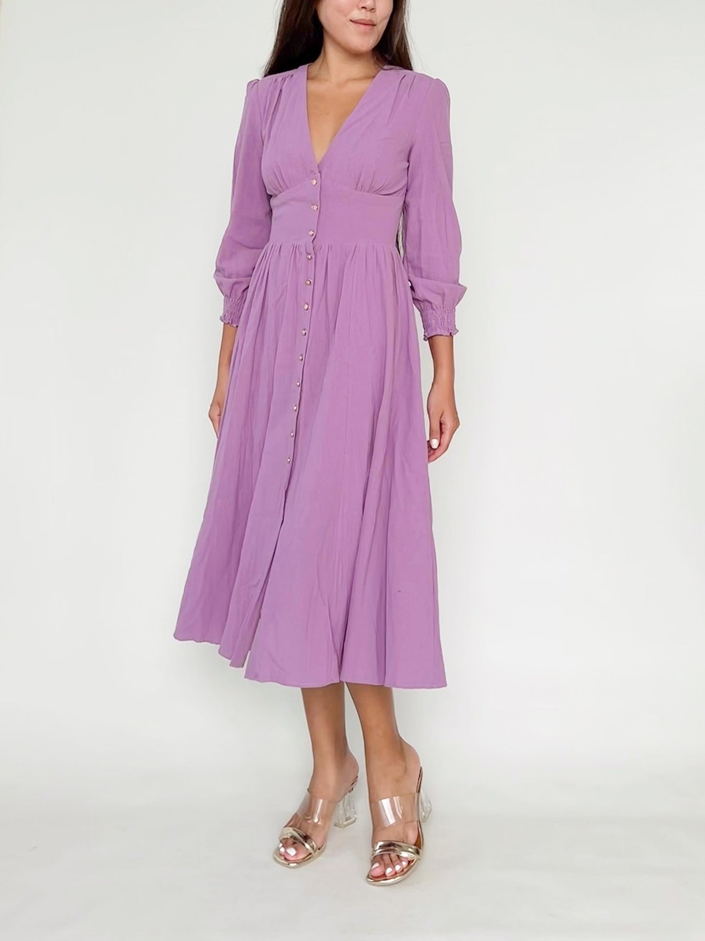 Rochelle Button Down Midi Dress In Purple