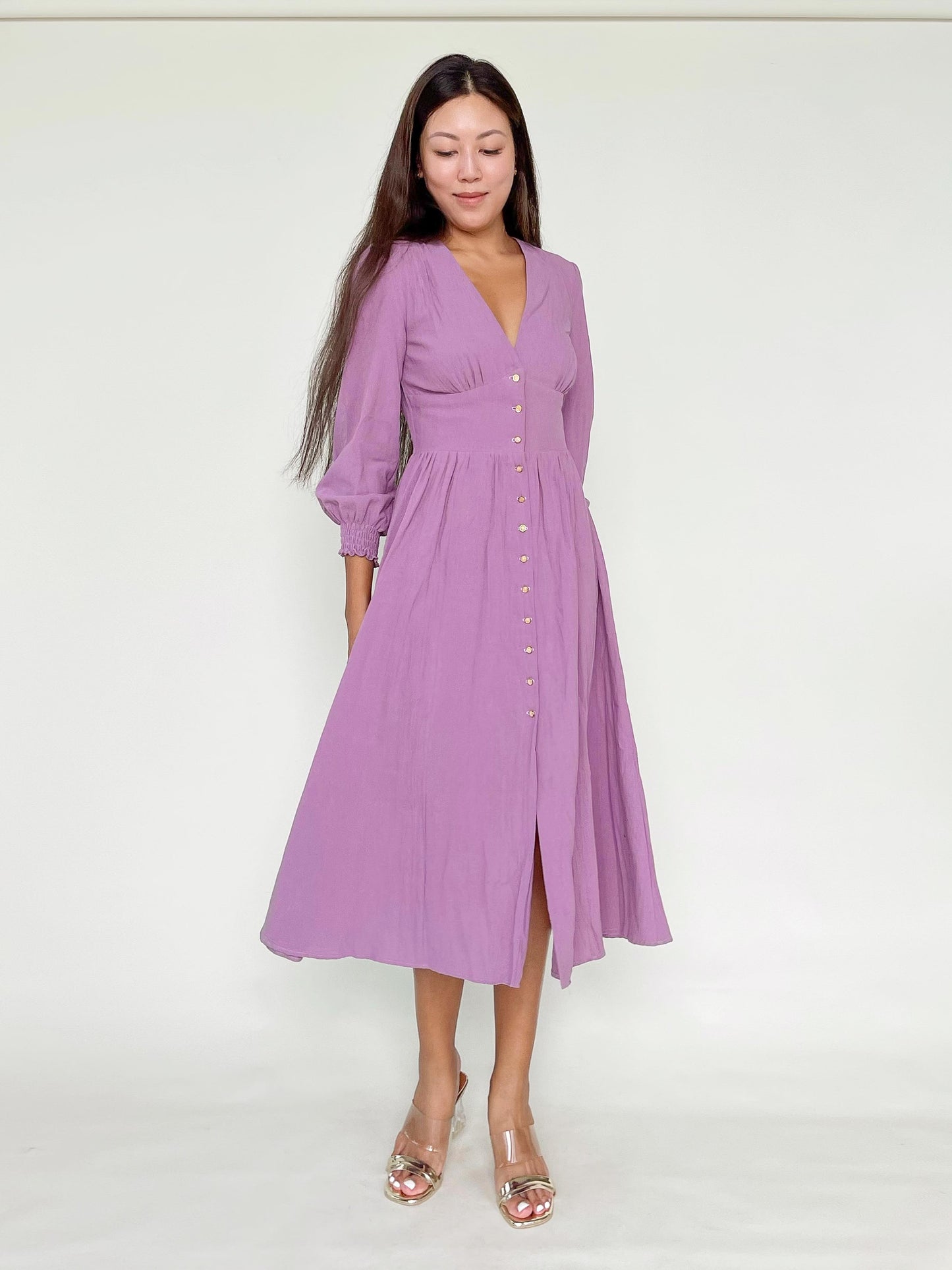 Rochelle Button Down Midi Dress In Purple